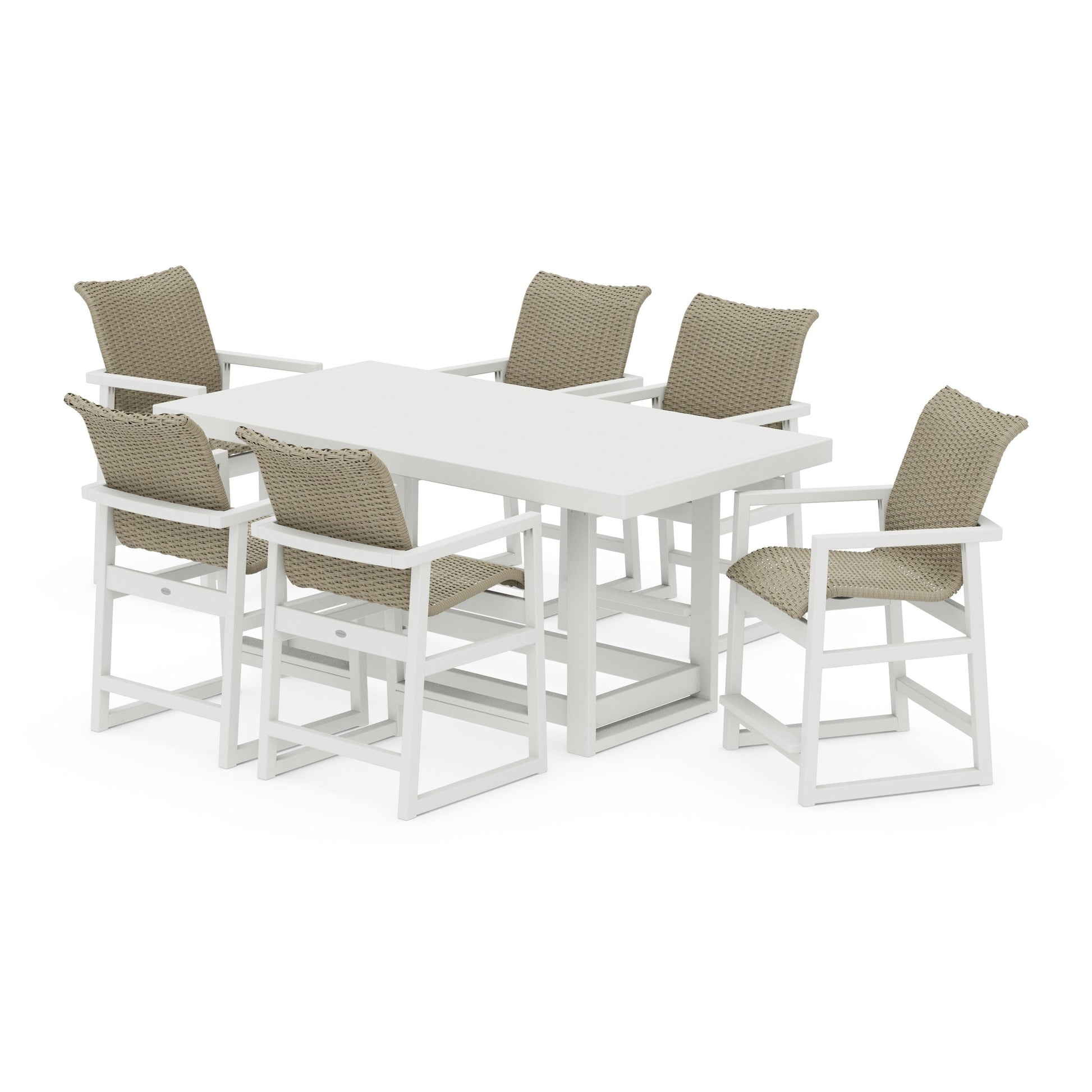 POLYWOOD EDGE Woven Arm Chair 7-Piece Counter Set — White / Dune Grass