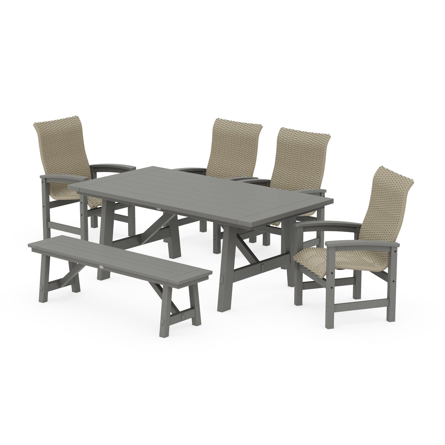 POLYWOOD Coastal Woven High-Back 6-Piece Rustic Farmhouse Dining Set with Bench — Slate Grey / Dune Grass
