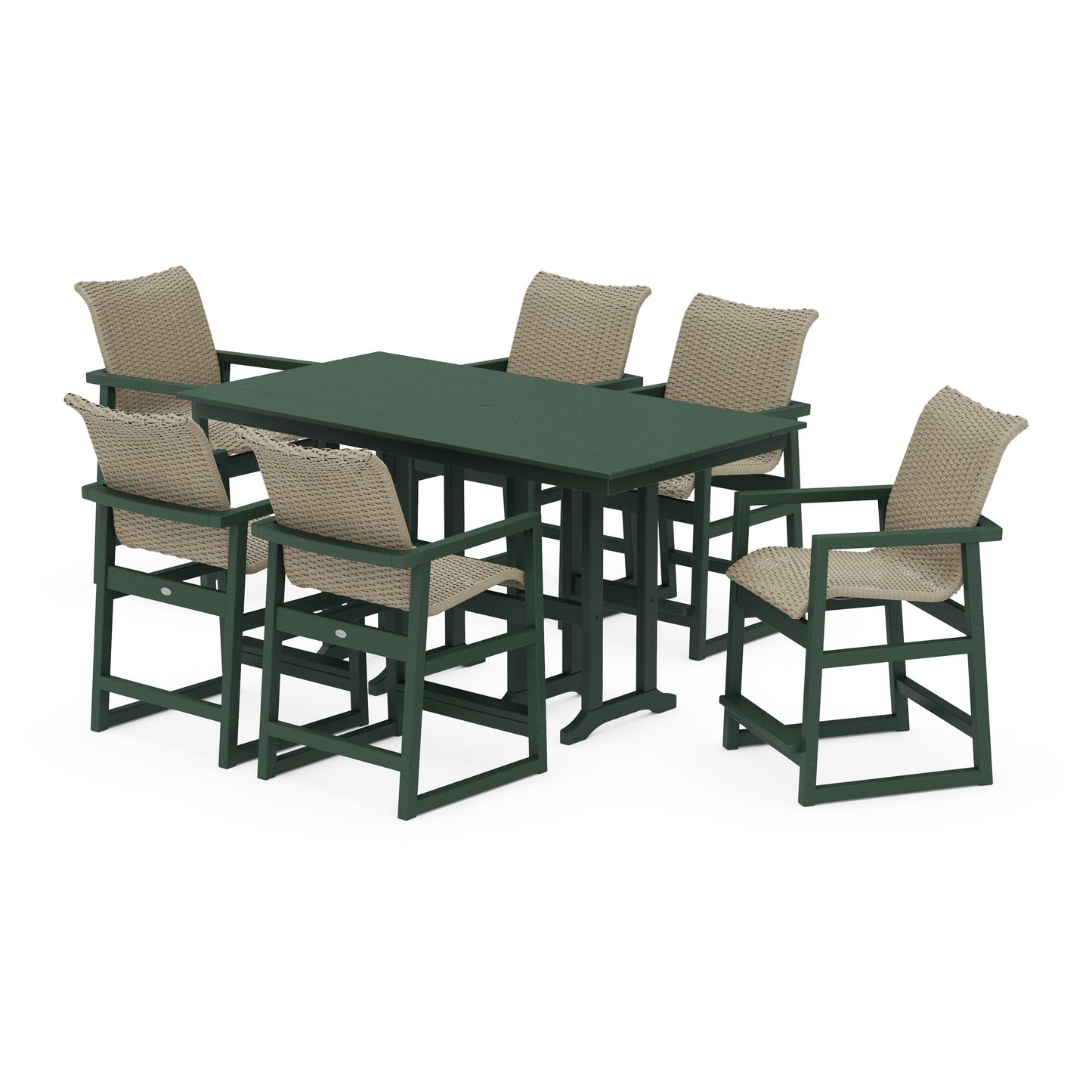 POLYWOOD EDGE Woven Arm Chair 7-Piece Farmhouse Counter Set — Green / Dune Grass