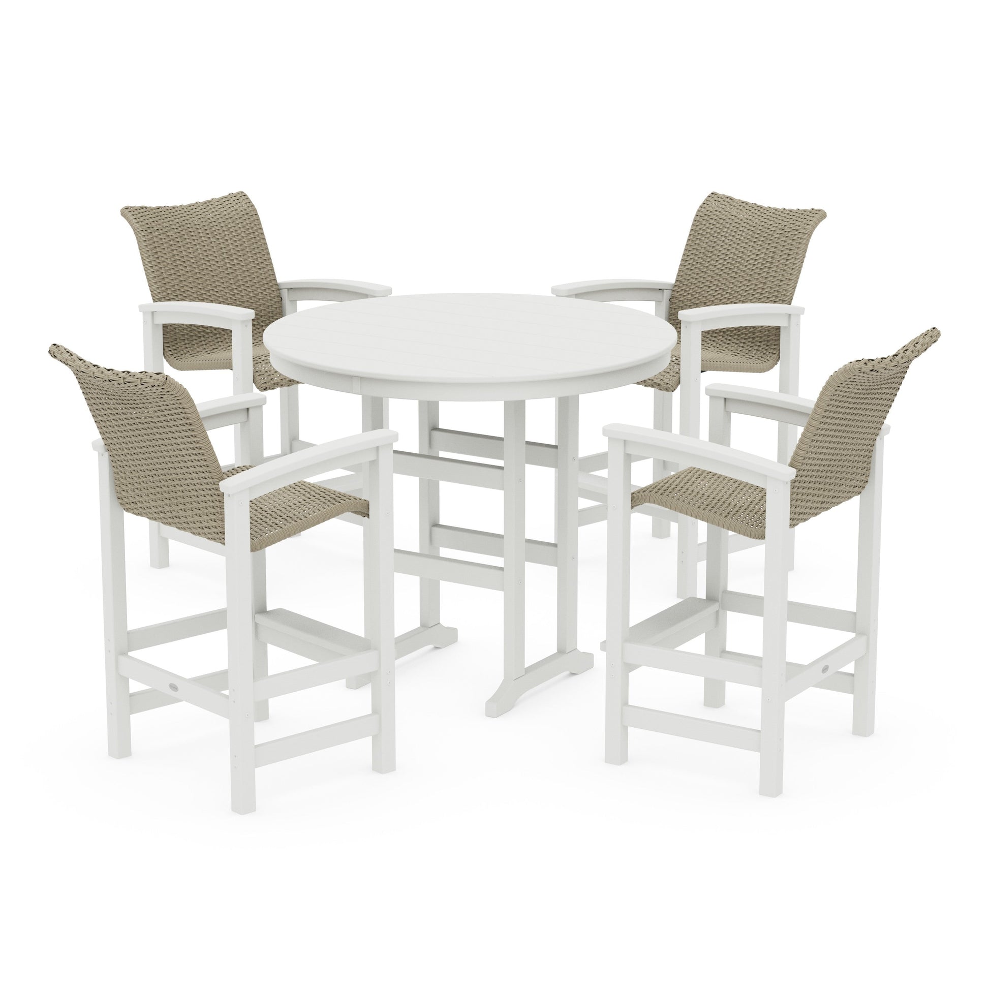 POLYWOOD Coastal Woven 5-Piece Round Farmhouse Bar Set — Vintage White / Dune Grass