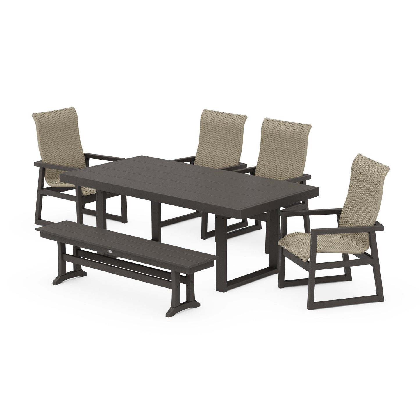POLYWOOD EDGE Woven Highback 6-Piece Dining Set with Bench — Vintage Coffee / Dune Grass
