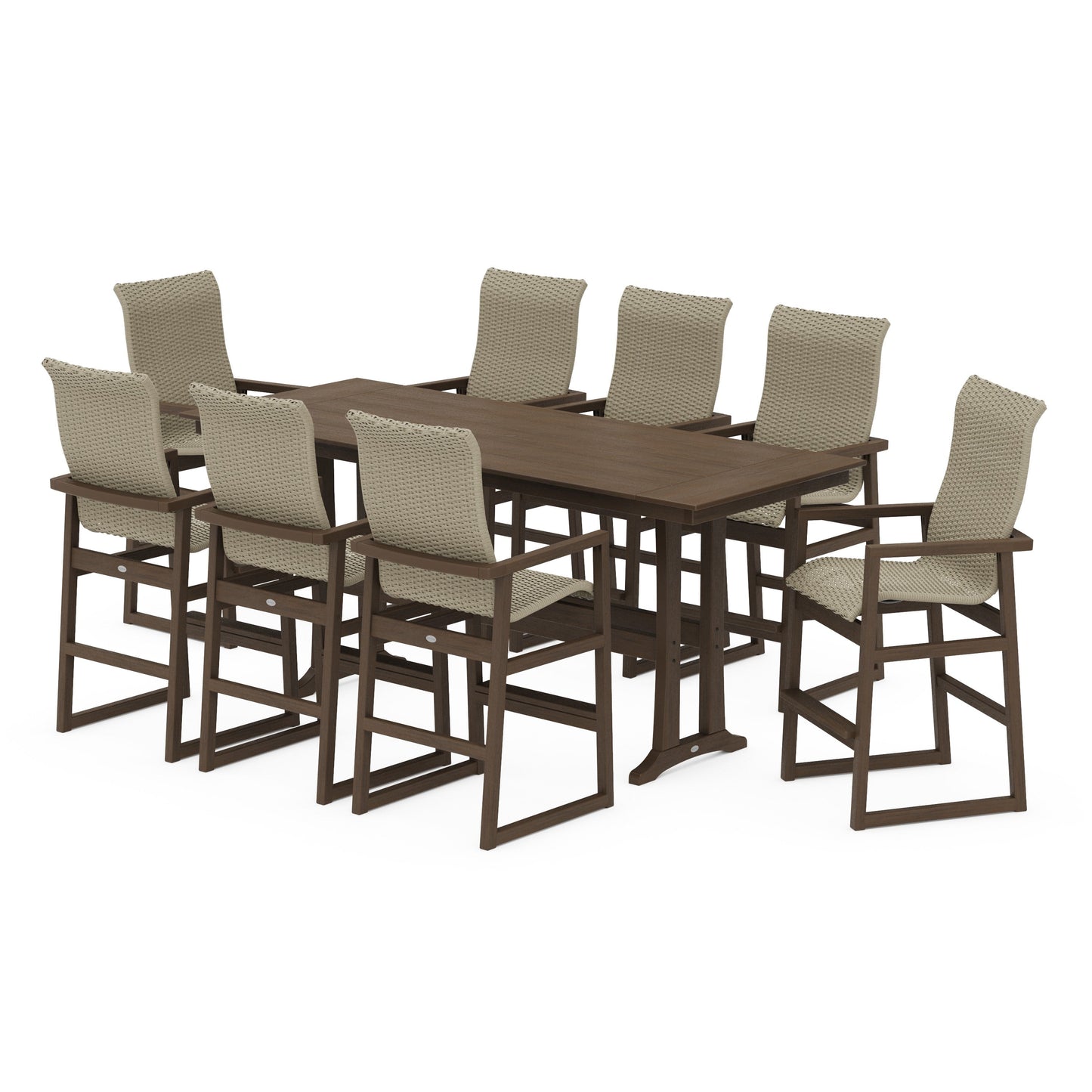 POLYWOOD EDGE Woven Highback 9-Piece Farmhouse Bar Set with Trestle Legs — Kona / Dune Grass