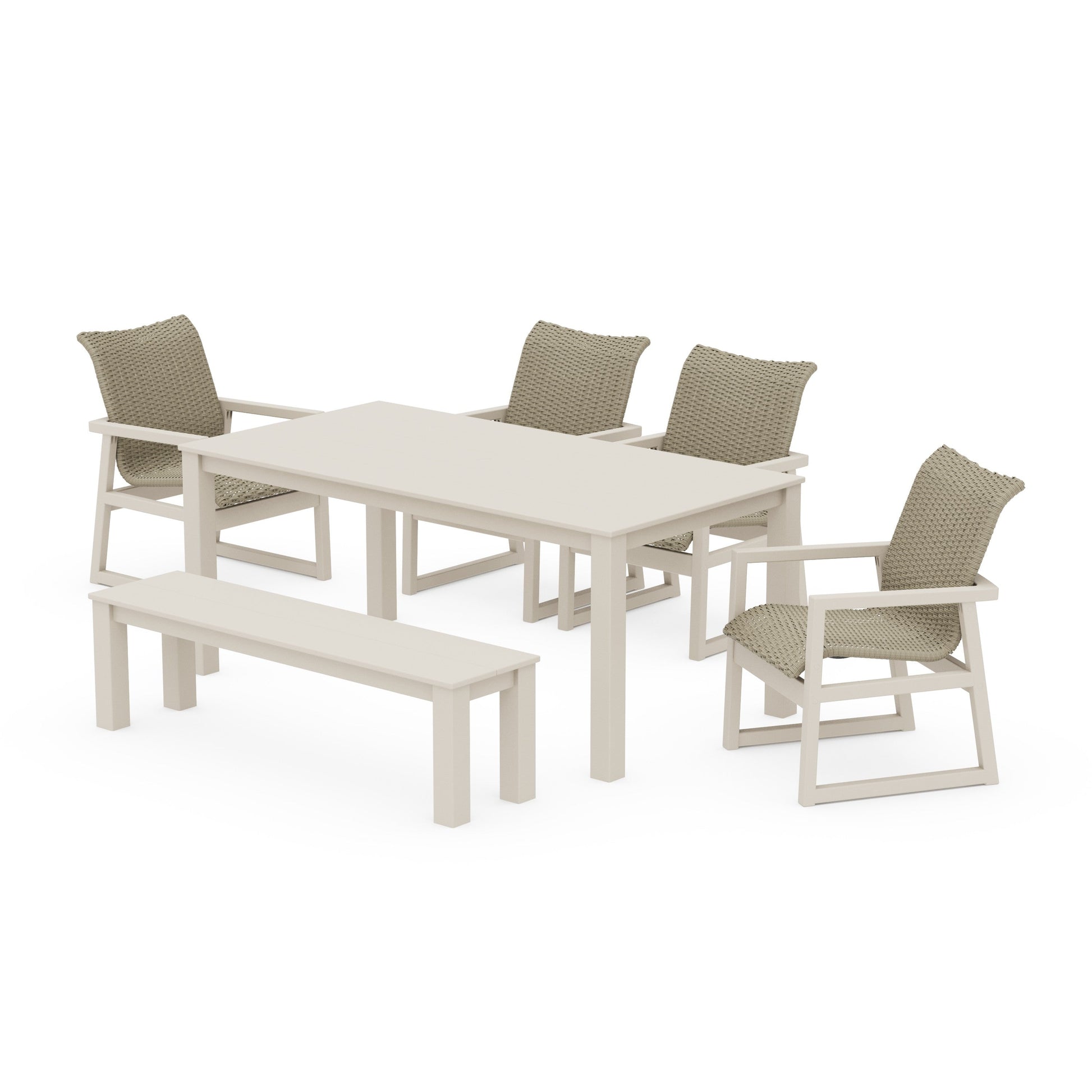 POLYWOOD EDGE Woven 6-Piece Parsons Dining Set with Bench — Sand / Dune Grass