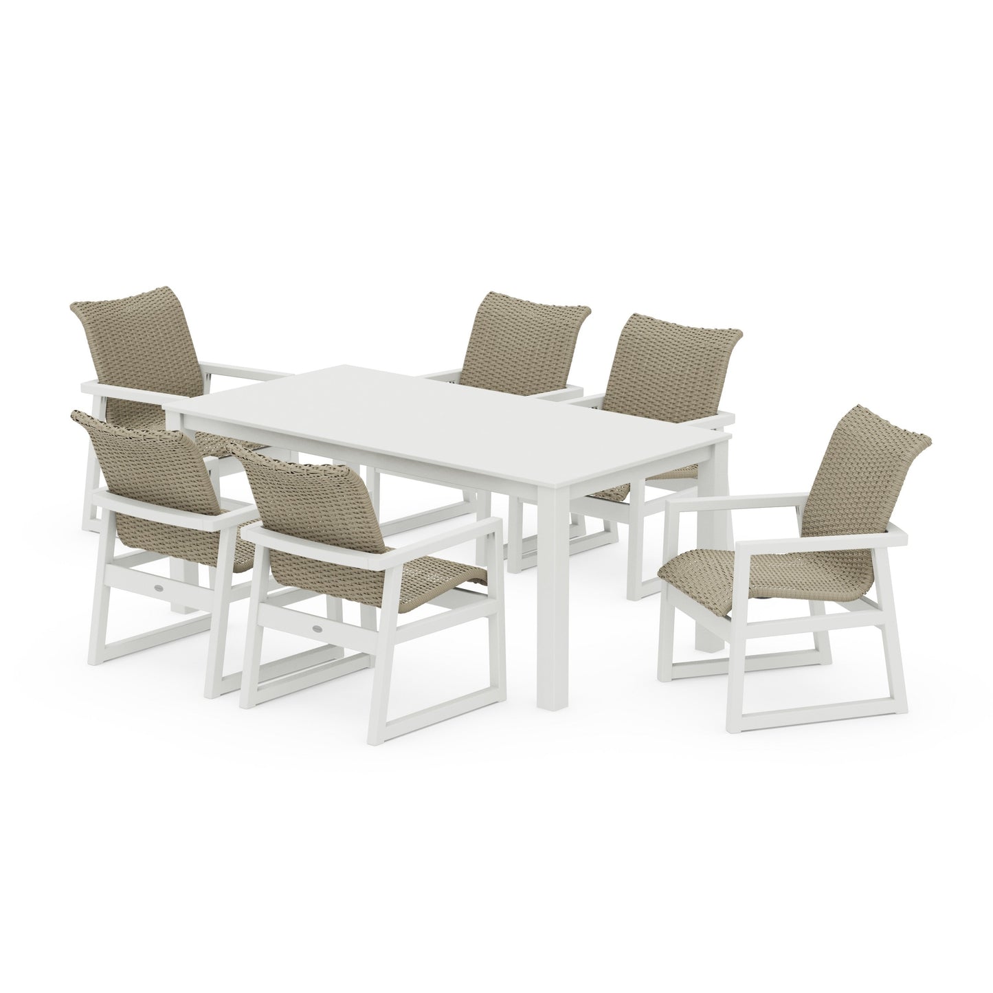 POLYWOOD EDGE Woven Arm Chair 7-Piece Parsons Dining Set — White / Dune Grass
