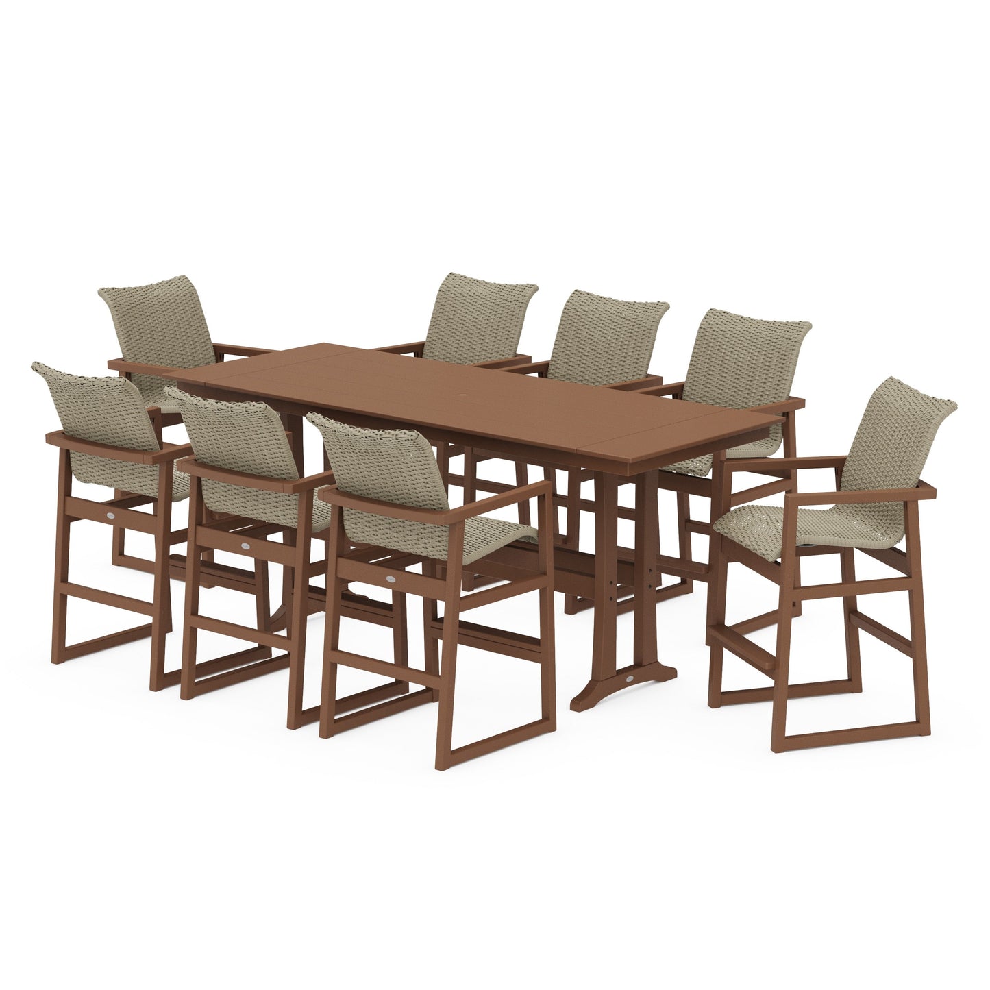 POLYWOOD EDGE Woven 9-Piece Farmhouse Bar Set with Trestle Legs — Teak / Dune Grass