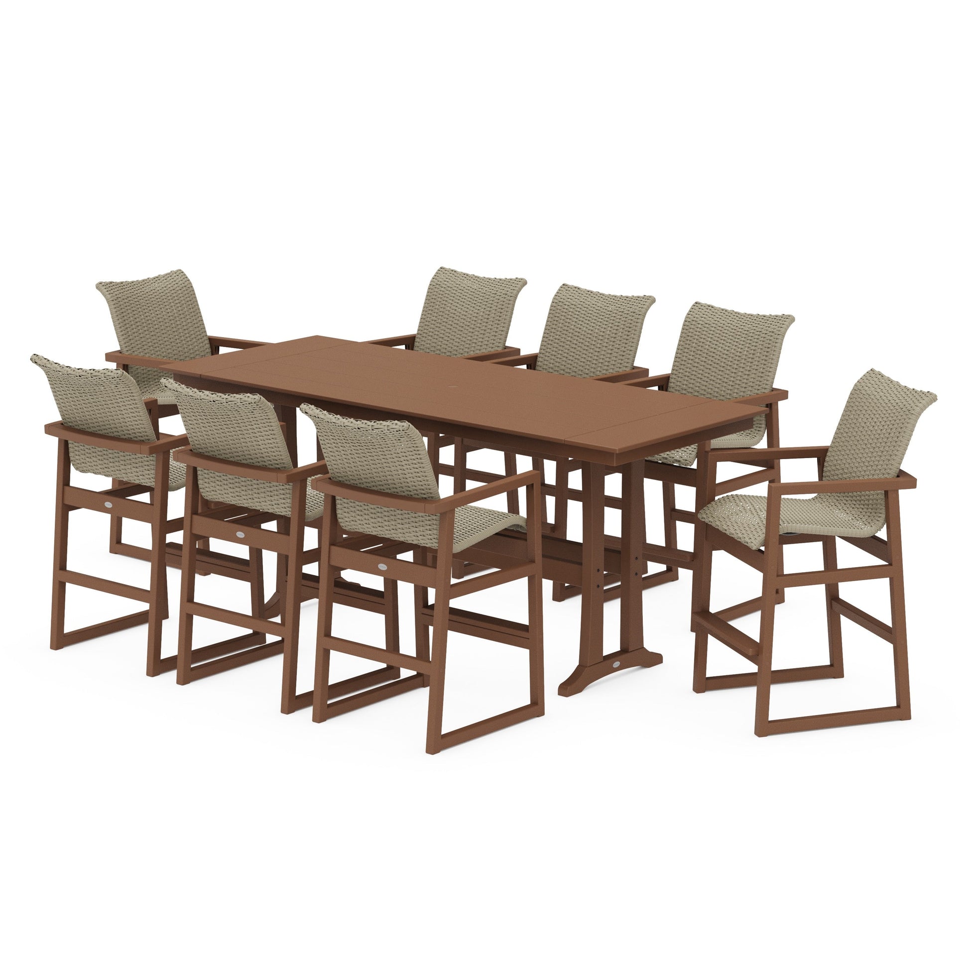 POLYWOOD EDGE Woven 9-Piece Farmhouse Bar Set with Trestle Legs — Teak / Dune Grass