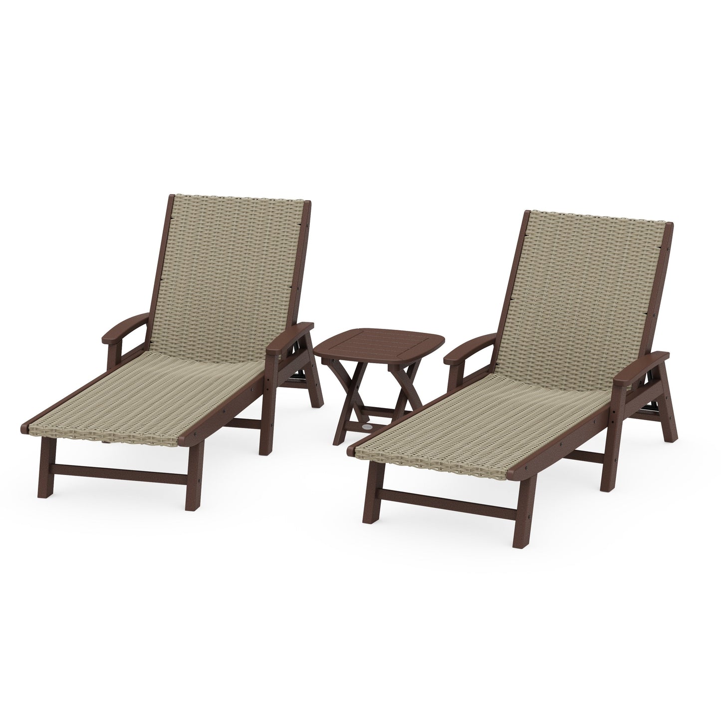 POLYWOOD 3 - Piece Coastal Woven Chaise with Arms Chaise Lounge Set — Mahogany / Dune Grass