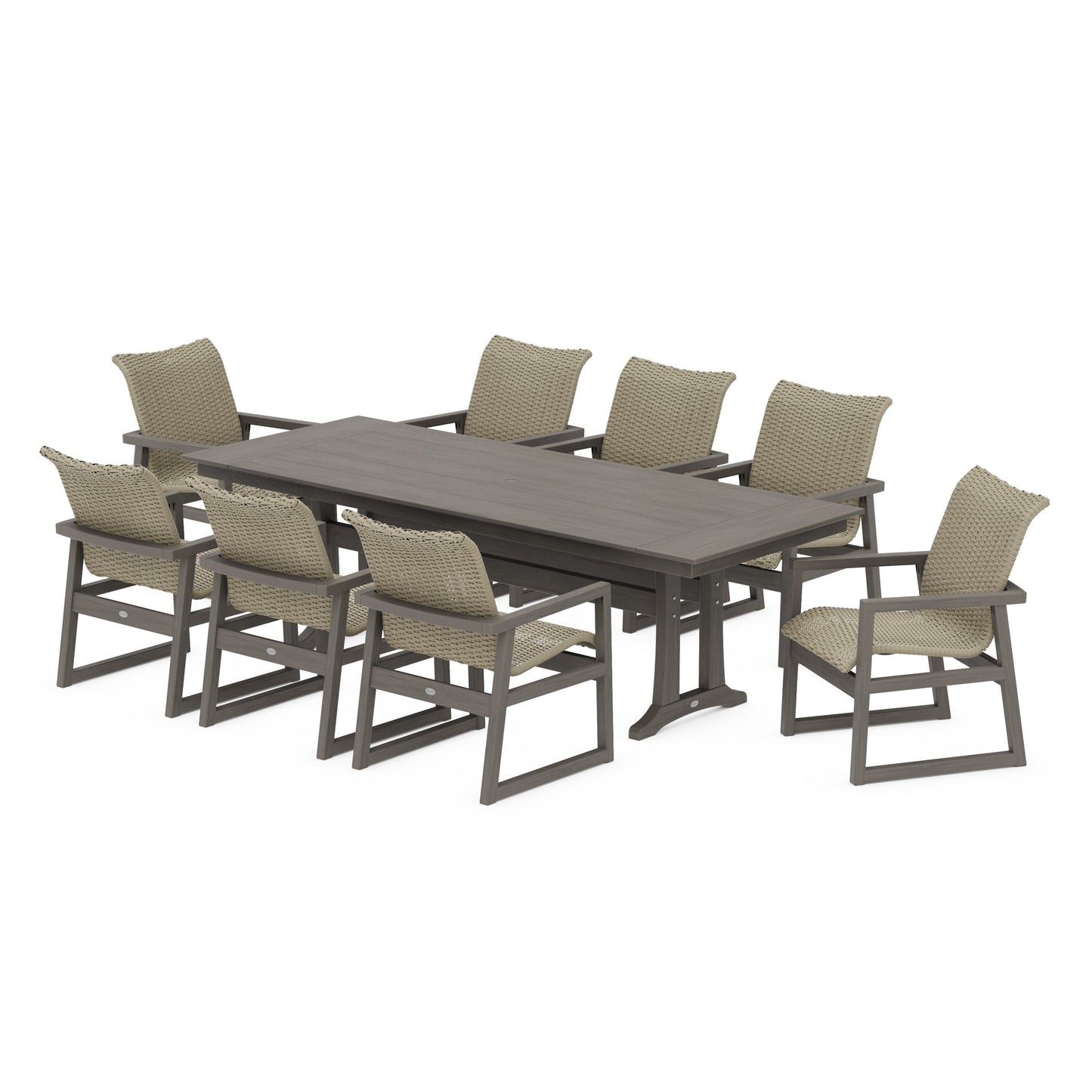 POLYWOOD EDGE Woven 9-Piece Farmhouse Dining Set with Trestle Legs — Driftwood / Dune Grass