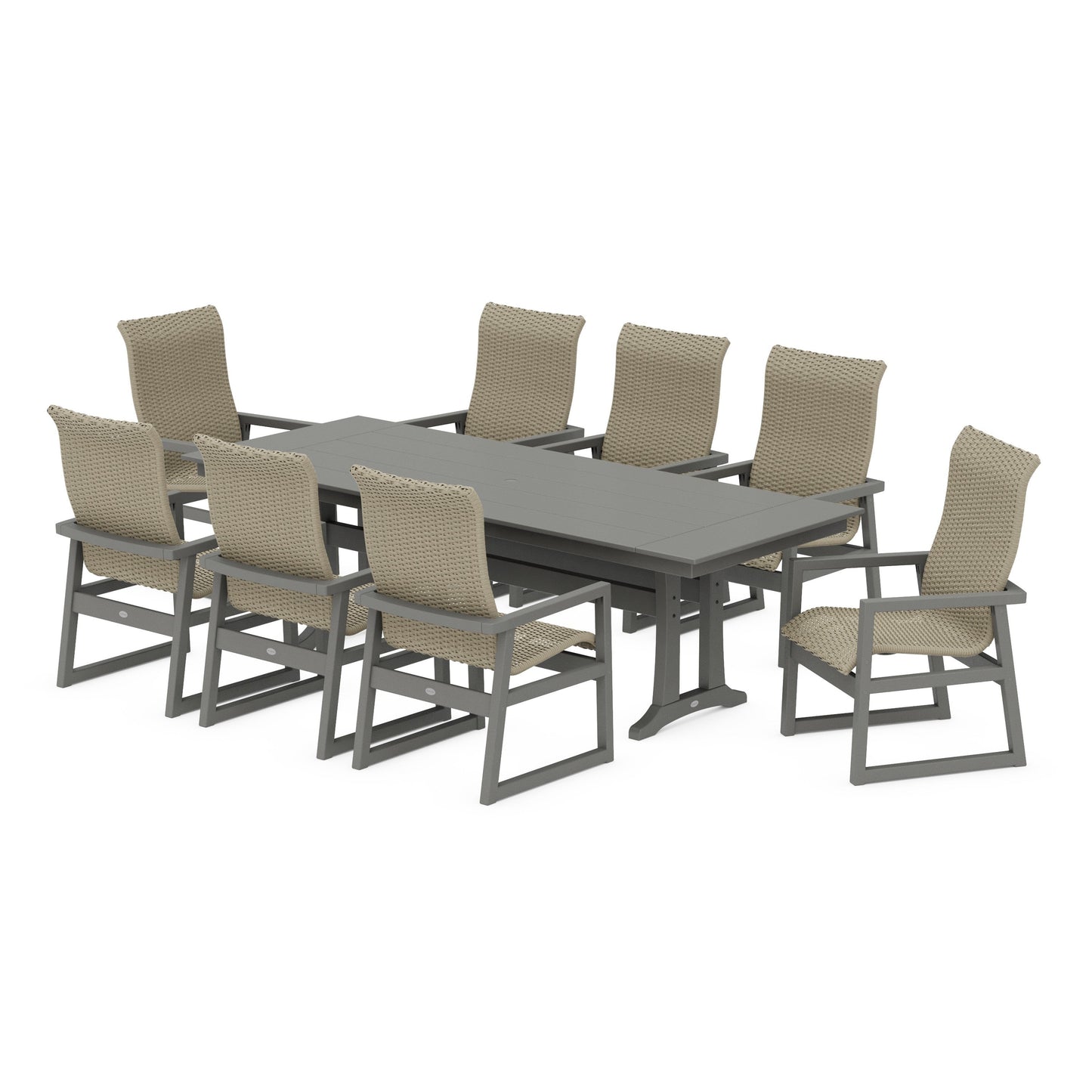 POLYWOOD EDGE Woven Highback 9-Piece Farmhouse Dining Set with Trestle Legs — Slate Grey / Dune Grass