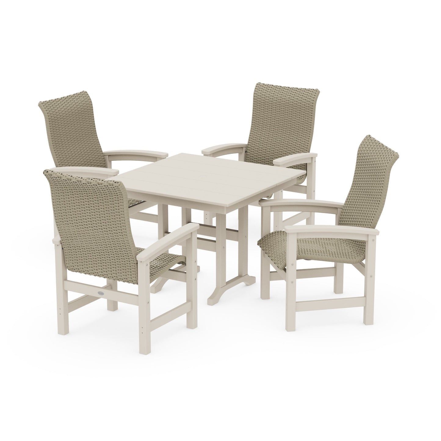 POLYWOOD Coastal Woven High-Back 5-Piece Farmhouse Dining Set — Sand / Dune Grass