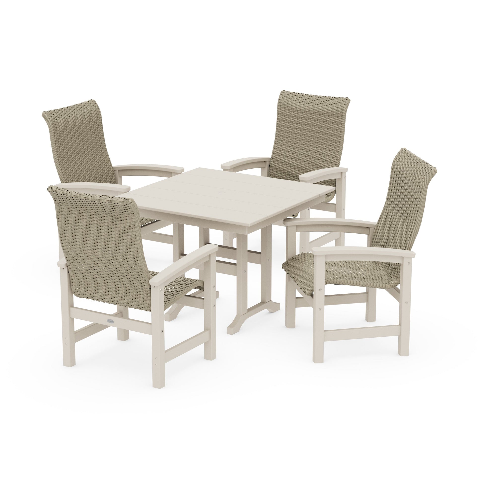 POLYWOOD Coastal Woven High-Back 5-Piece Farmhouse Dining Set — Sand / Dune Grass