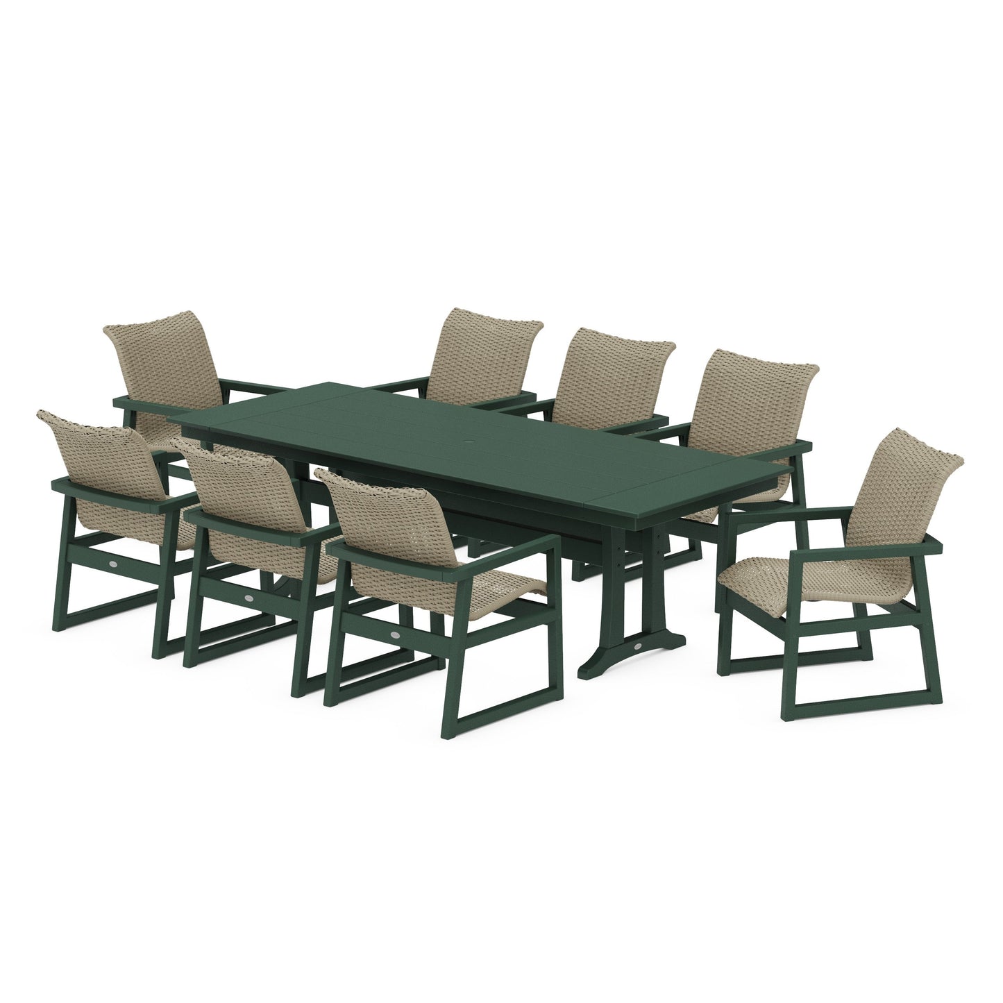 POLYWOOD EDGE Woven 9-Piece Farmhouse Dining Set with Trestle Legs — Green / Dune Grass