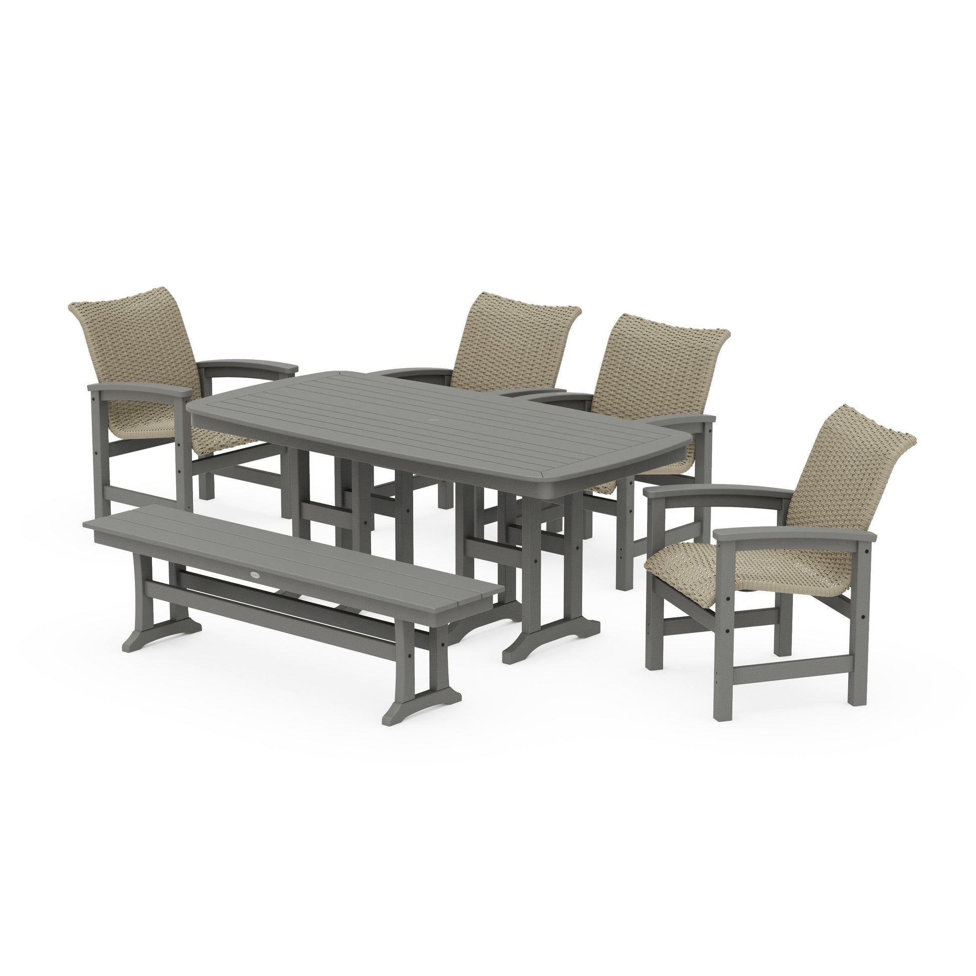 POLYWOOD Coastal Woven 6-Piece Farmhouse Dining Set with Bench — Slate Grey / Dune Grass