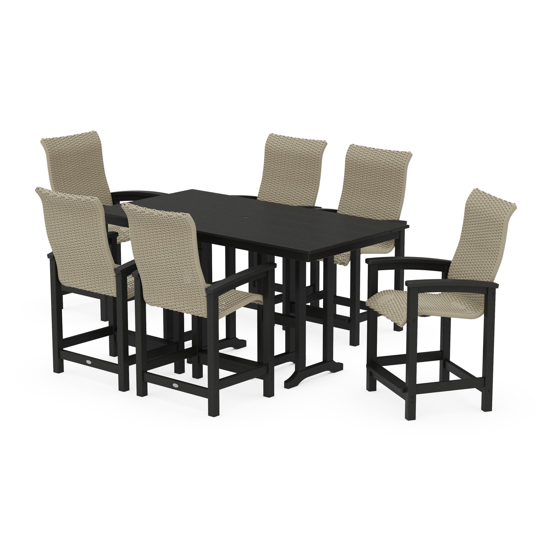 POLYWOOD Coastal Woven High-Back Arm Chair 7-Piece Farmhouse Counter Set — Black / Dune Grass