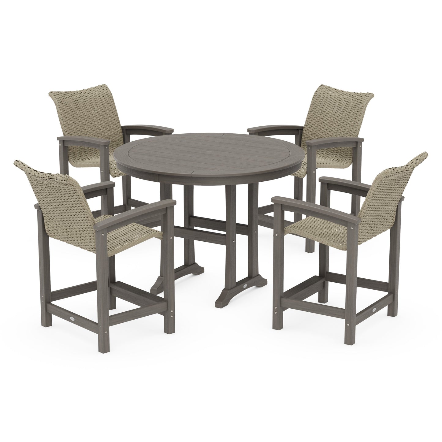 POLYWOOD Coastal Woven 5-Piece Round Counter Set — Driftwood / Dune Grass
