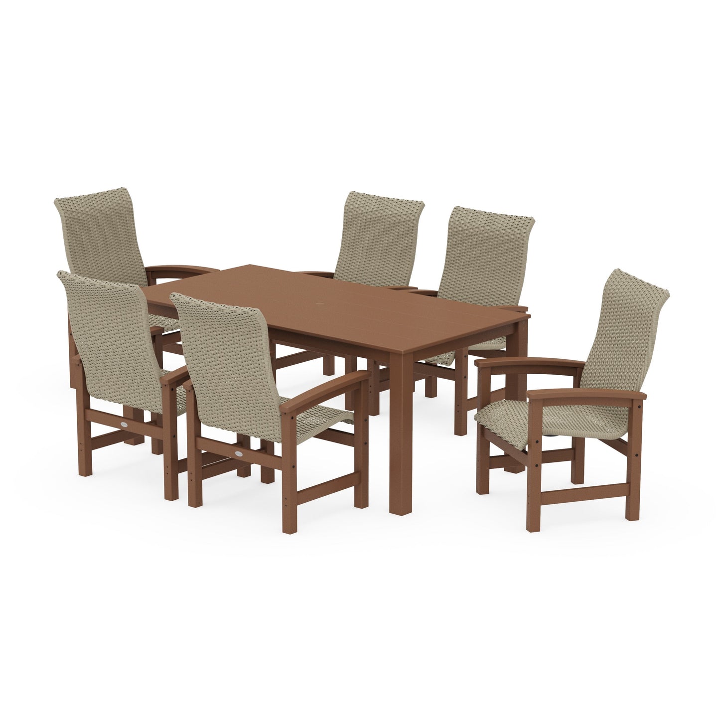 POLYWOOD Coastal Woven High-Back Arm Chair 7-Piece Parsons Dining Set — Teak / Dune Grass