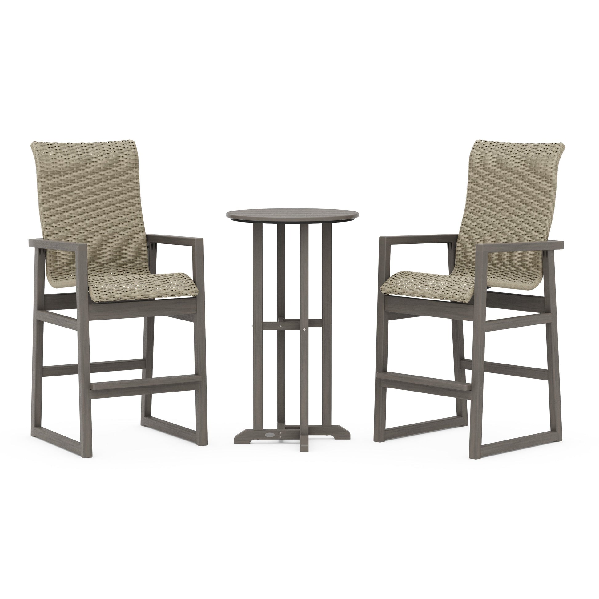 POLYWOOD EDGE Woven Highback 3-Piece Farmhouse Bar Set — Driftwood / Dune Grass