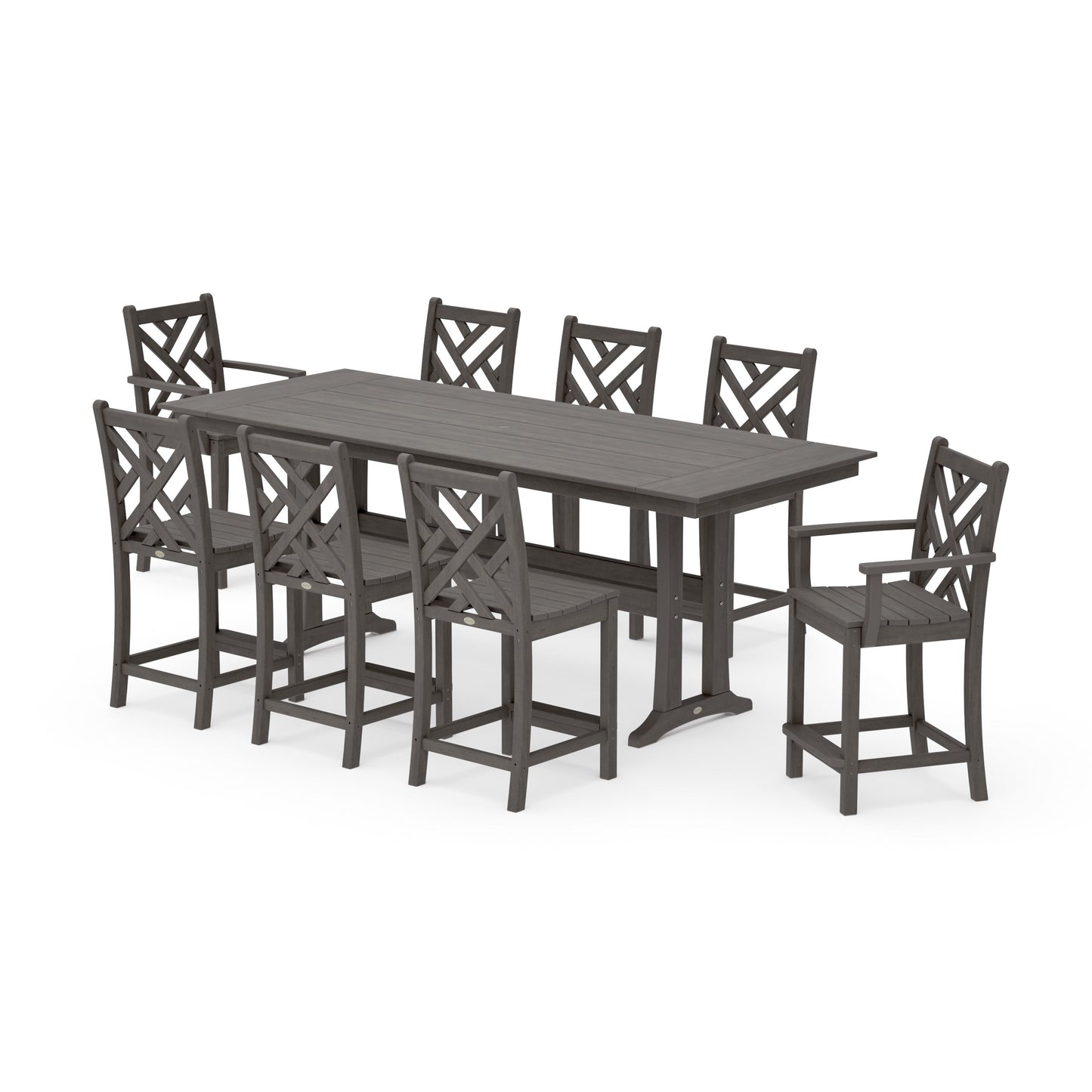 POLYWOOD Chippendale 9-Piece Farmhouse Counter Set with Trestle Legs — Driftwood