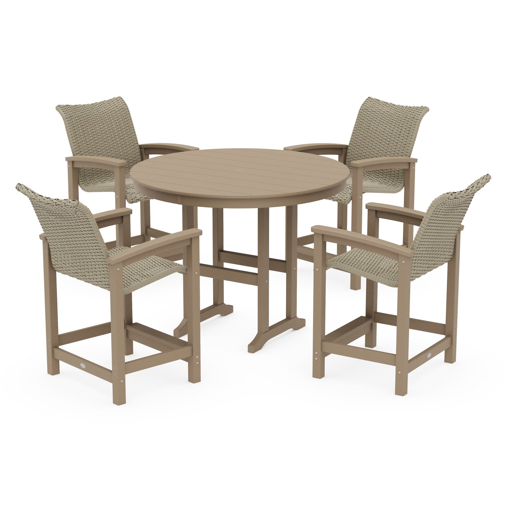 POLYWOOD Coastal Woven 5-Piece Round Farmhouse Counter Set — Vintage Sahara / Dune Grass