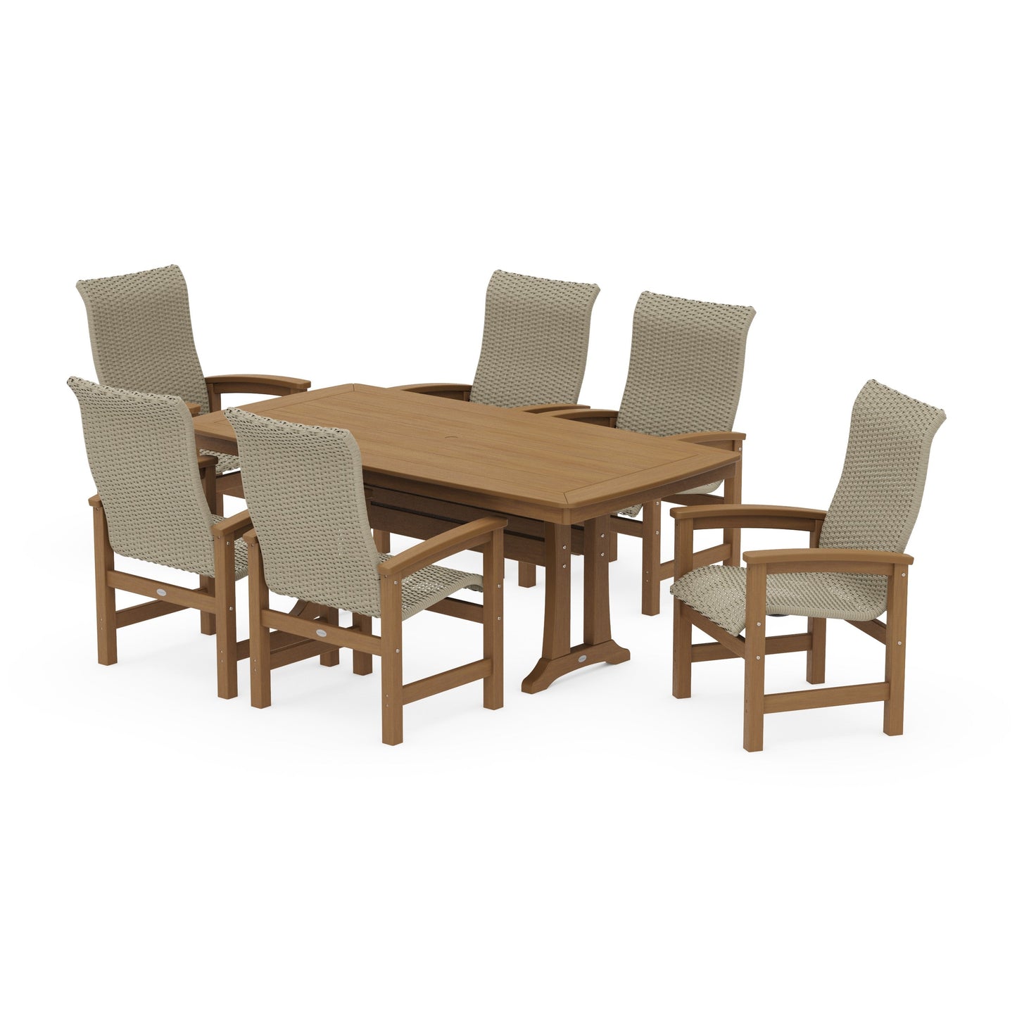 POLYWOOD Coastal Woven High-Back Arm Chair 7-Piece Dining Set with Trestle Legs — Natural / Dune Grass