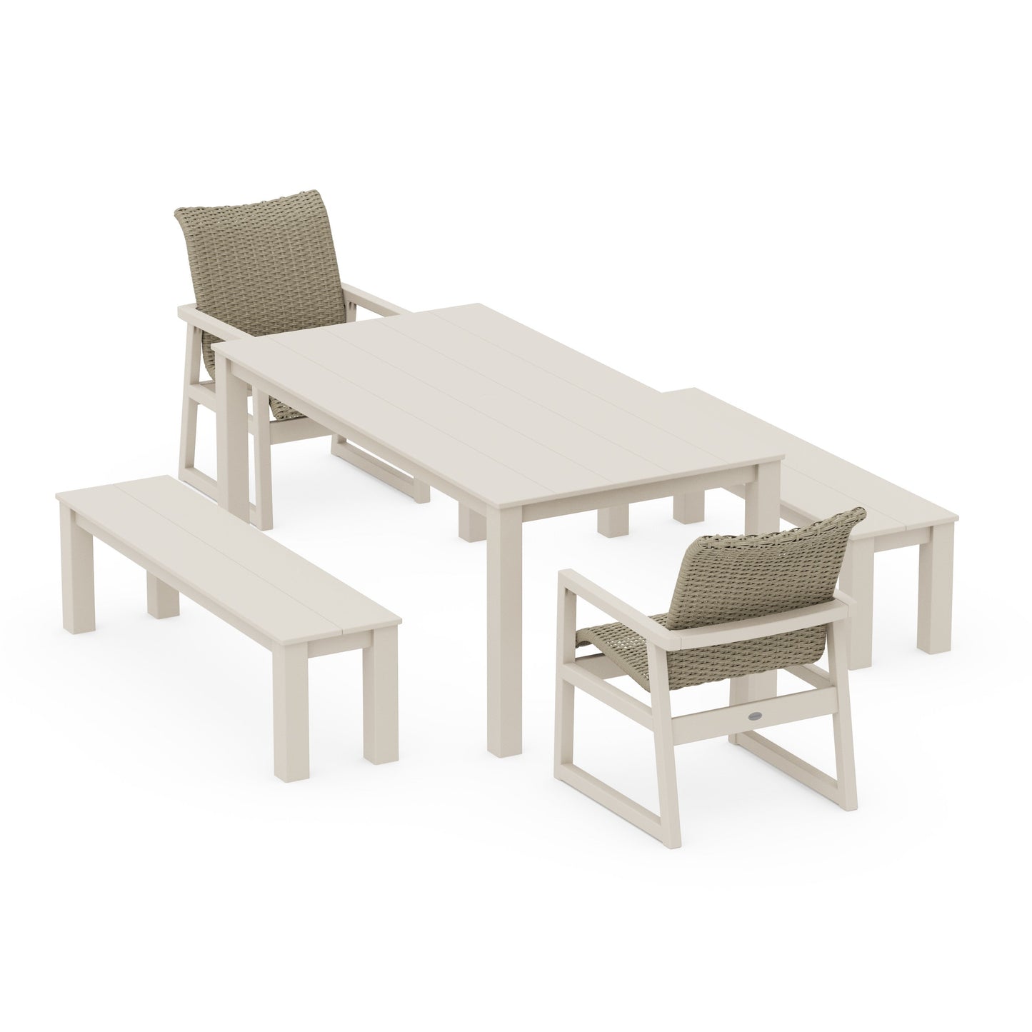 POLYWOOD EDGE Woven 5-Piece Parsons Dining Set with Benches — Sand / Dune Grass