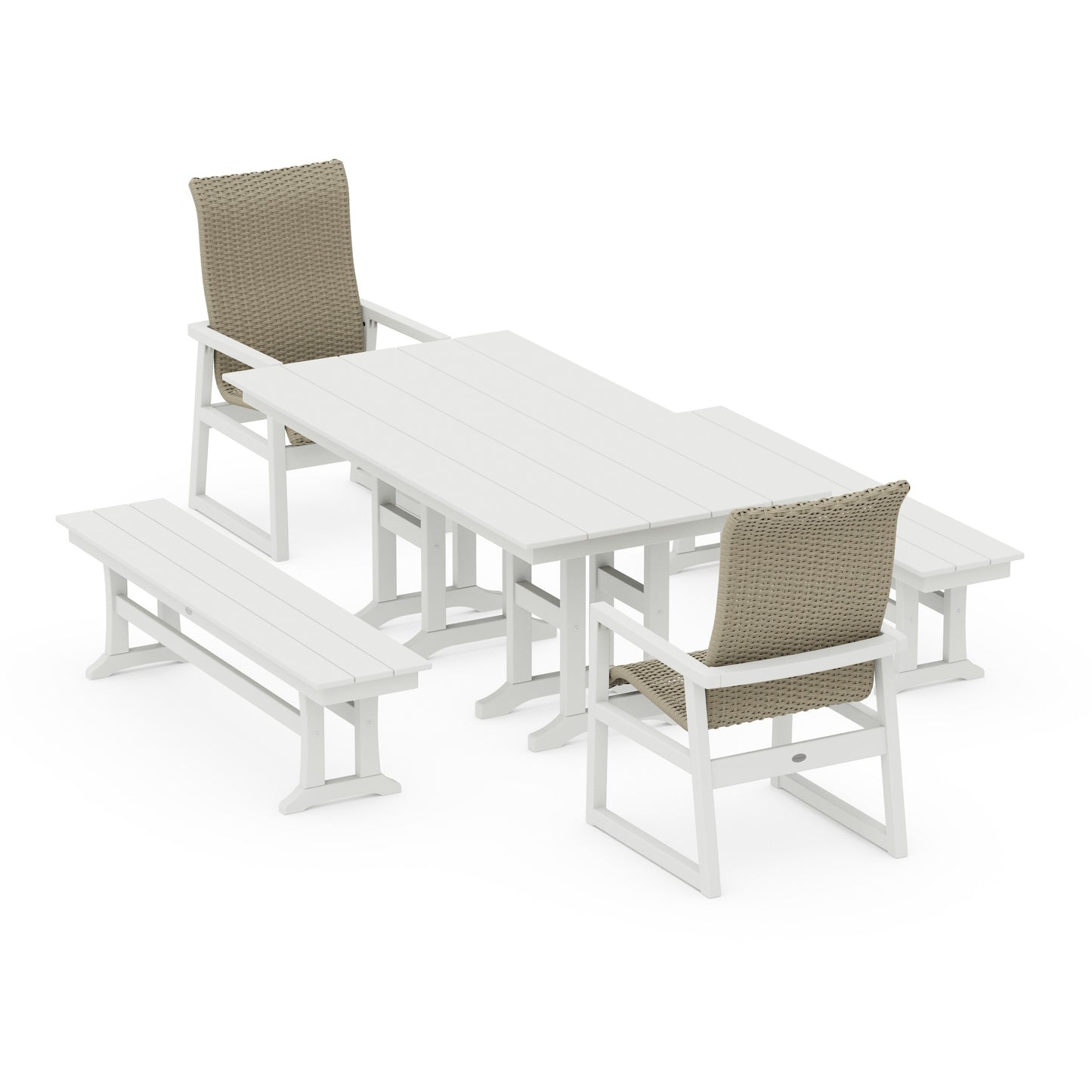 POLYWOOD EDGE Woven Highback 5-Piece Farmhouse Dining Set with Benches — White / Dune Grass