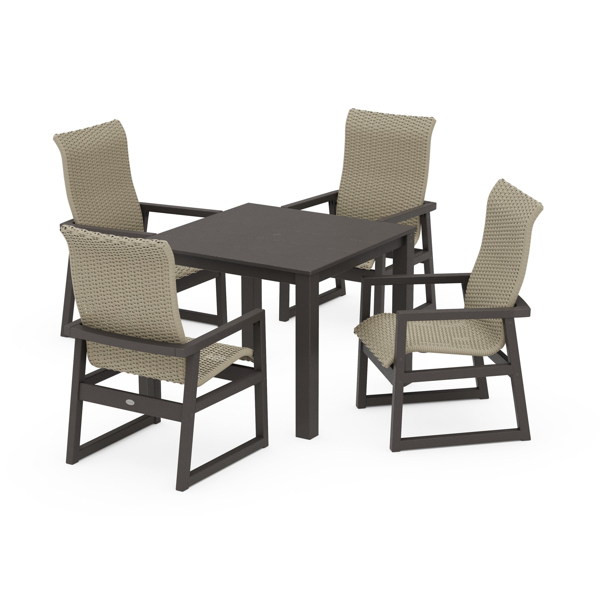 POLYWOOD EDGE Woven Highback 5-Piece Parsons Dining Set — Vintage Coffee / Dune Grass
