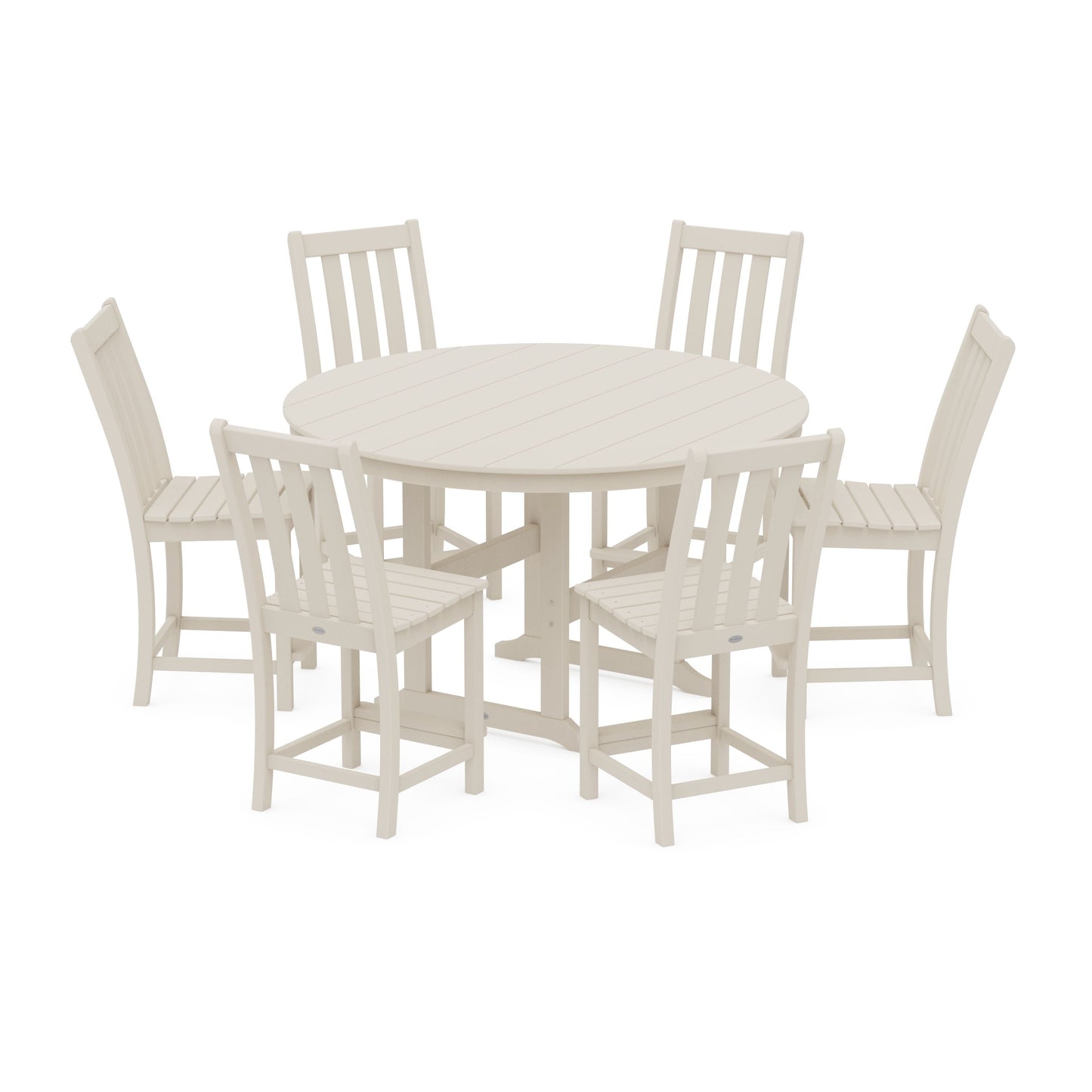 POLYWOOD Vineyard 7-Piece Farmhouse Side Chair Round Farmhouse Counter Set — Sand