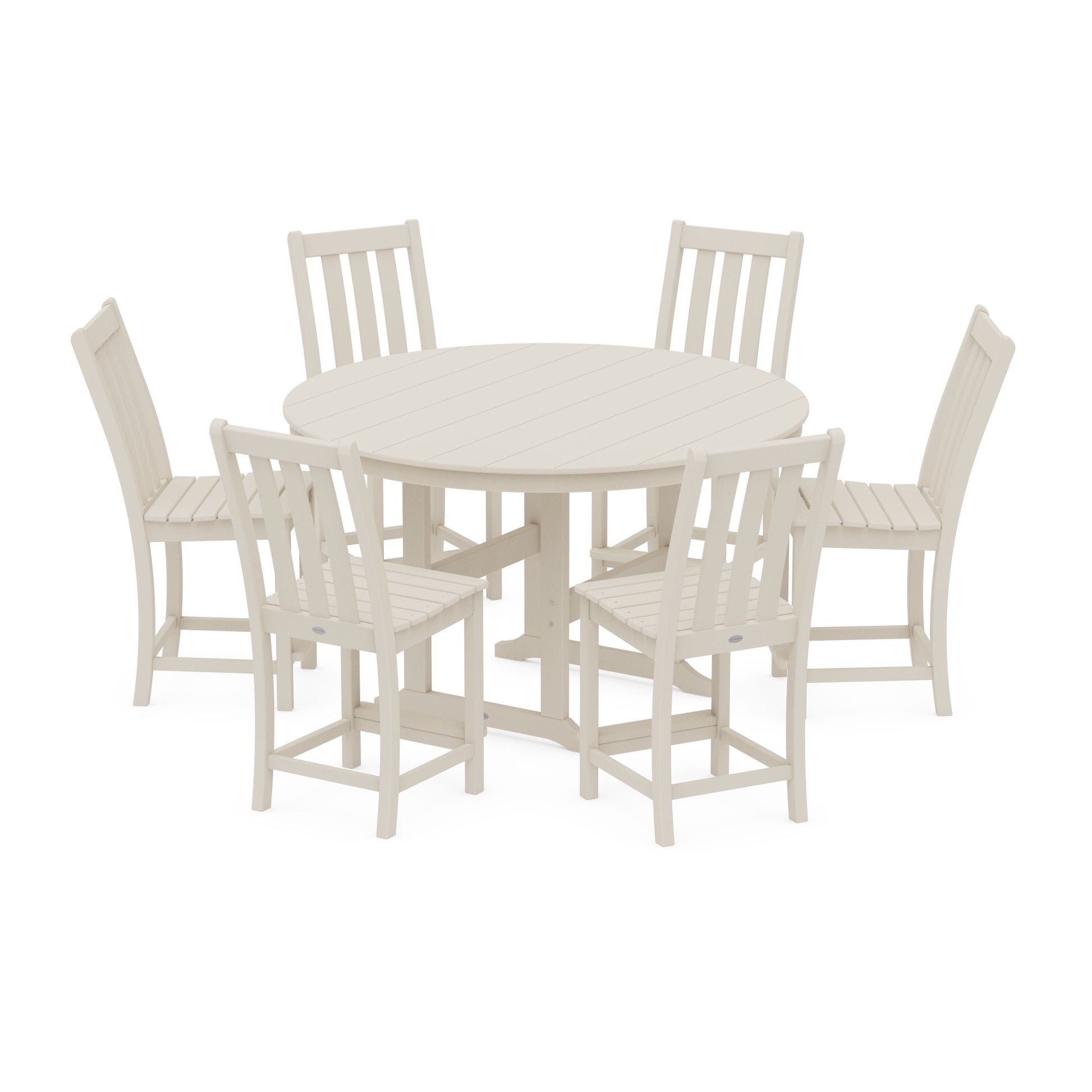 POLYWOOD Vineyard 7-Piece Farmhouse Side Chair Round Farmhouse Counter Set — Sand