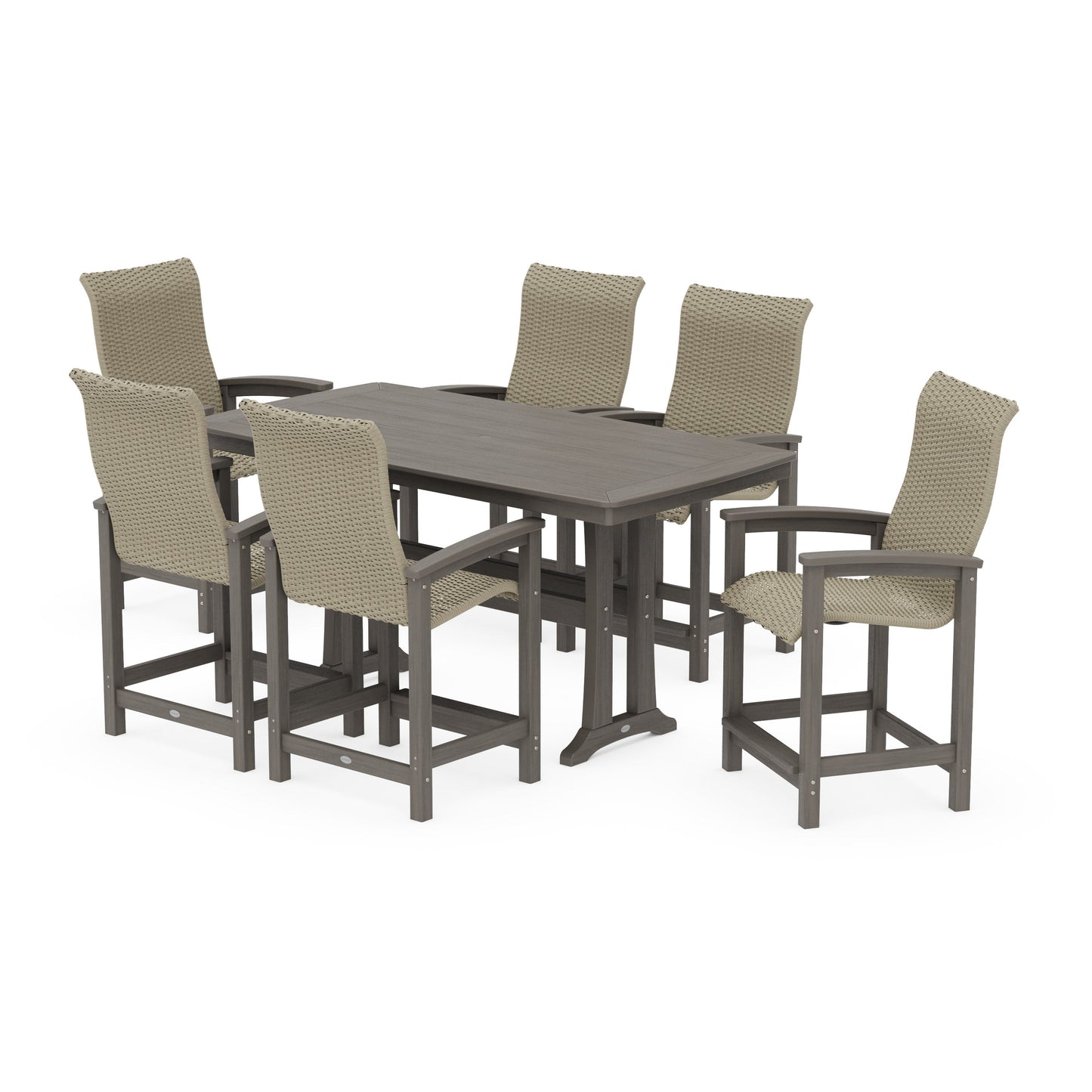 POLYWOOD Coastal Woven High-Back Arm Chair 7-Piece Counter Set with Trestle Legs — Driftwood / Dune Grass