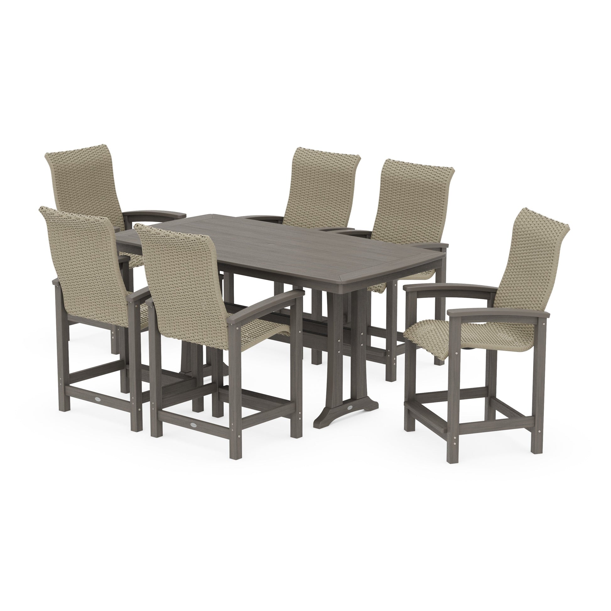 POLYWOOD Coastal Woven High-Back Arm Chair 7-Piece Counter Set with Trestle Legs — Driftwood / Dune Grass