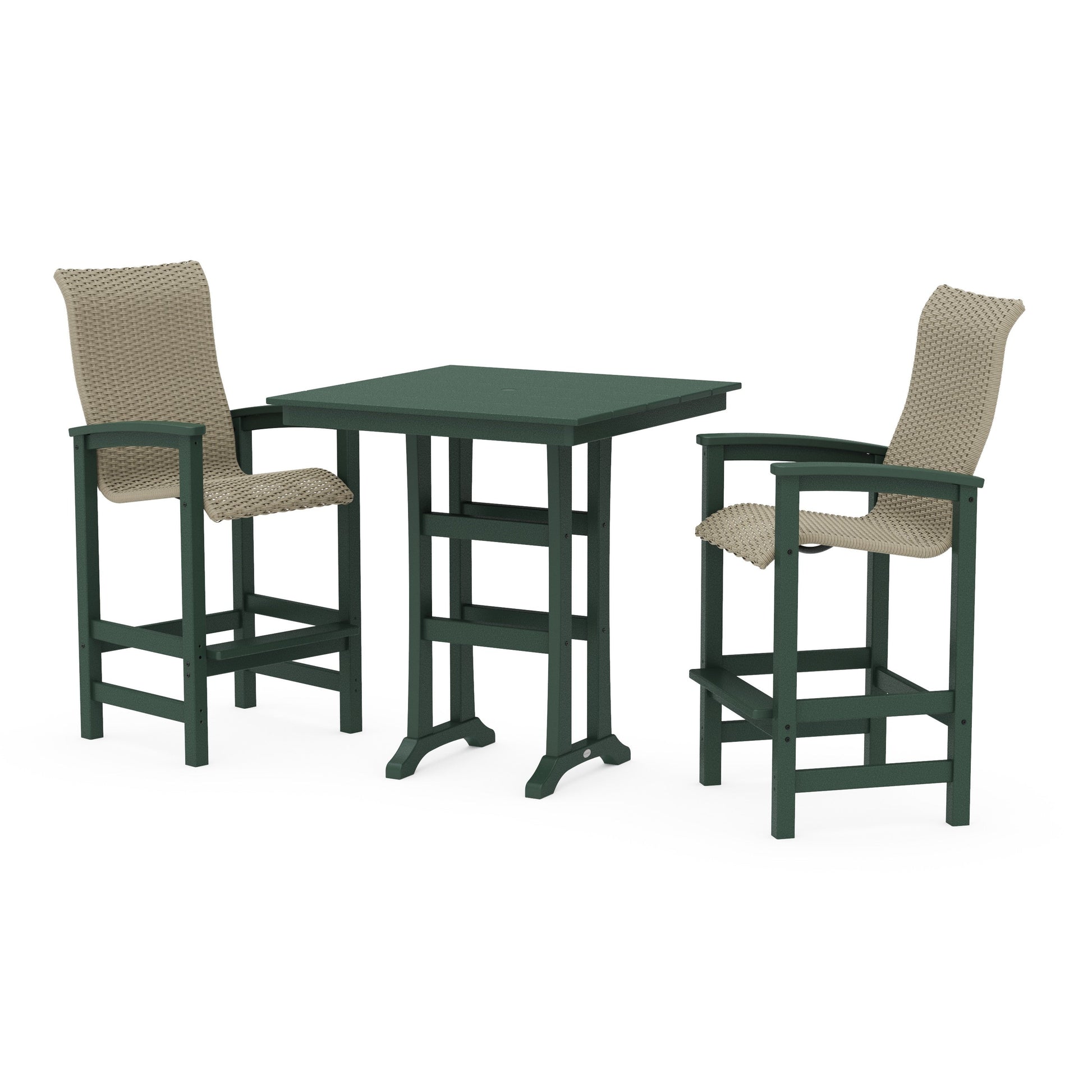POLYWOOD Coastal Woven High-Back 3-Piece Farmhouse Bar Set with Trestle Legs — Green / Dune Grass