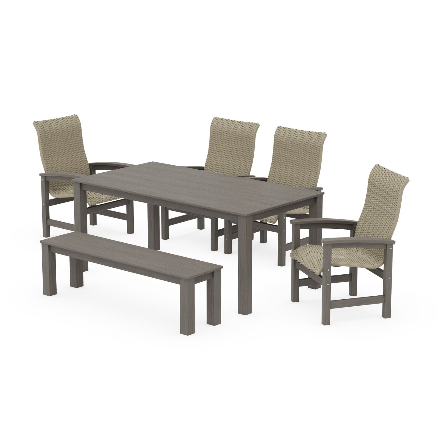 POLYWOOD Coastal Woven High-Back 6-Piece Parsons Dining Set with Bench — Driftwood / Dune Grass