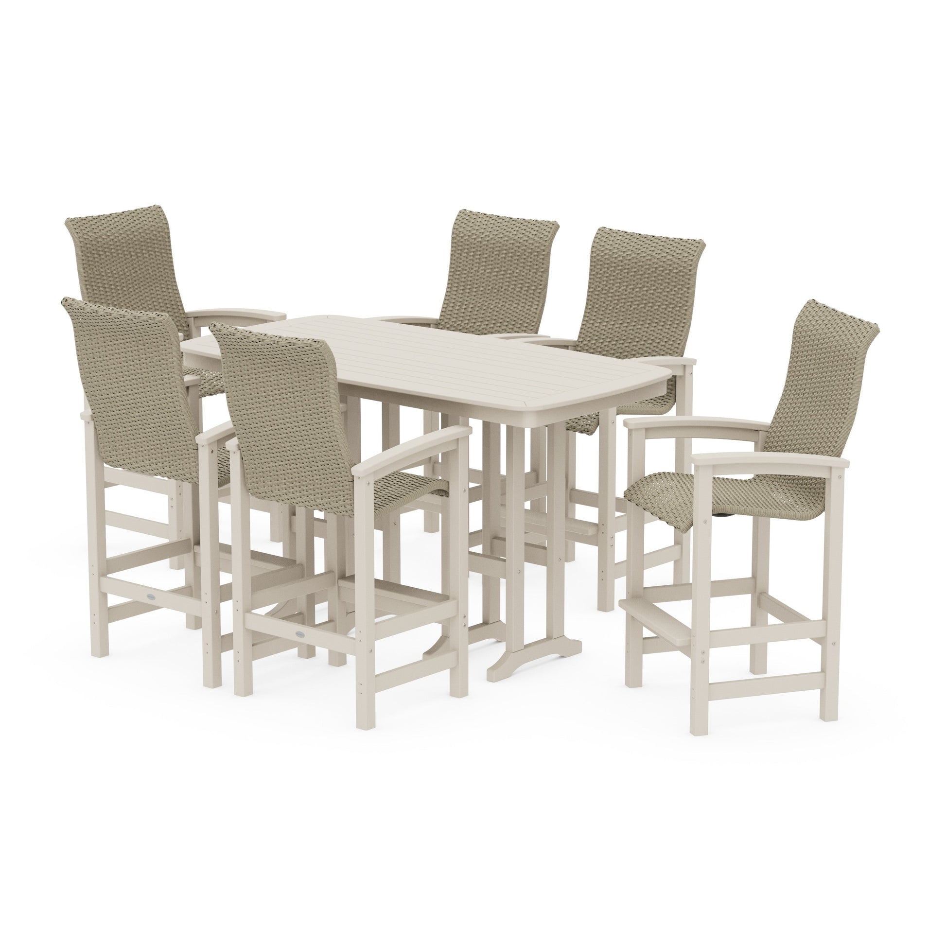 POLYWOOD Coastal Woven High-Back Arm Chair 7-Piece Bar Set — Sand / Dune Grass