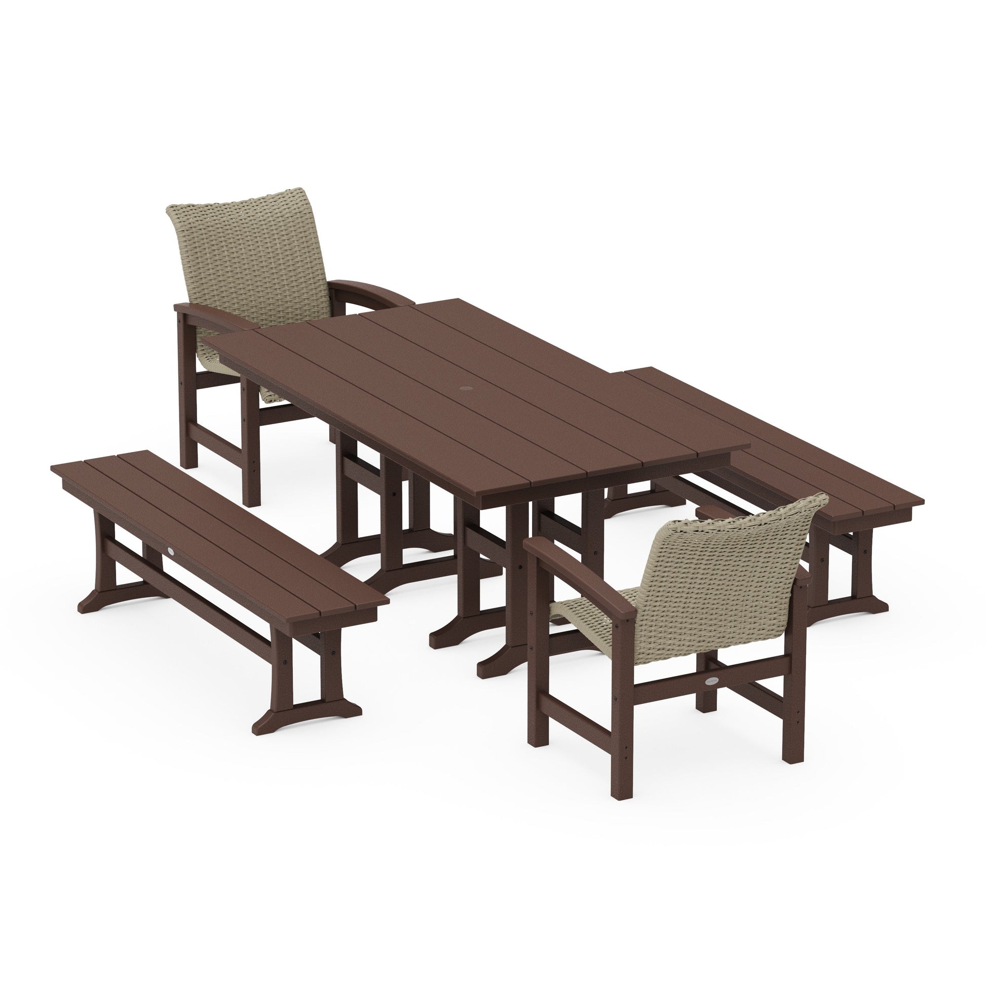 POLYWOOD Coastal Woven 5-Piece Farmhouse Dining Set with Benches — Mahogany / Dune Grass