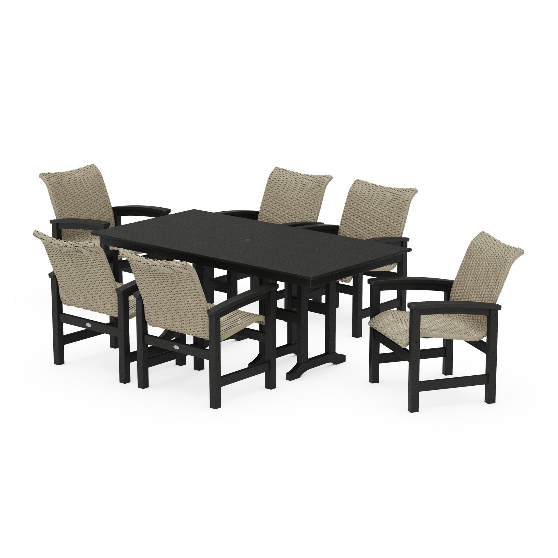 POLYWOOD Coastal Woven Arm Chair 7-Piece Farmhouse Dining Set — Black / Dune Grass
