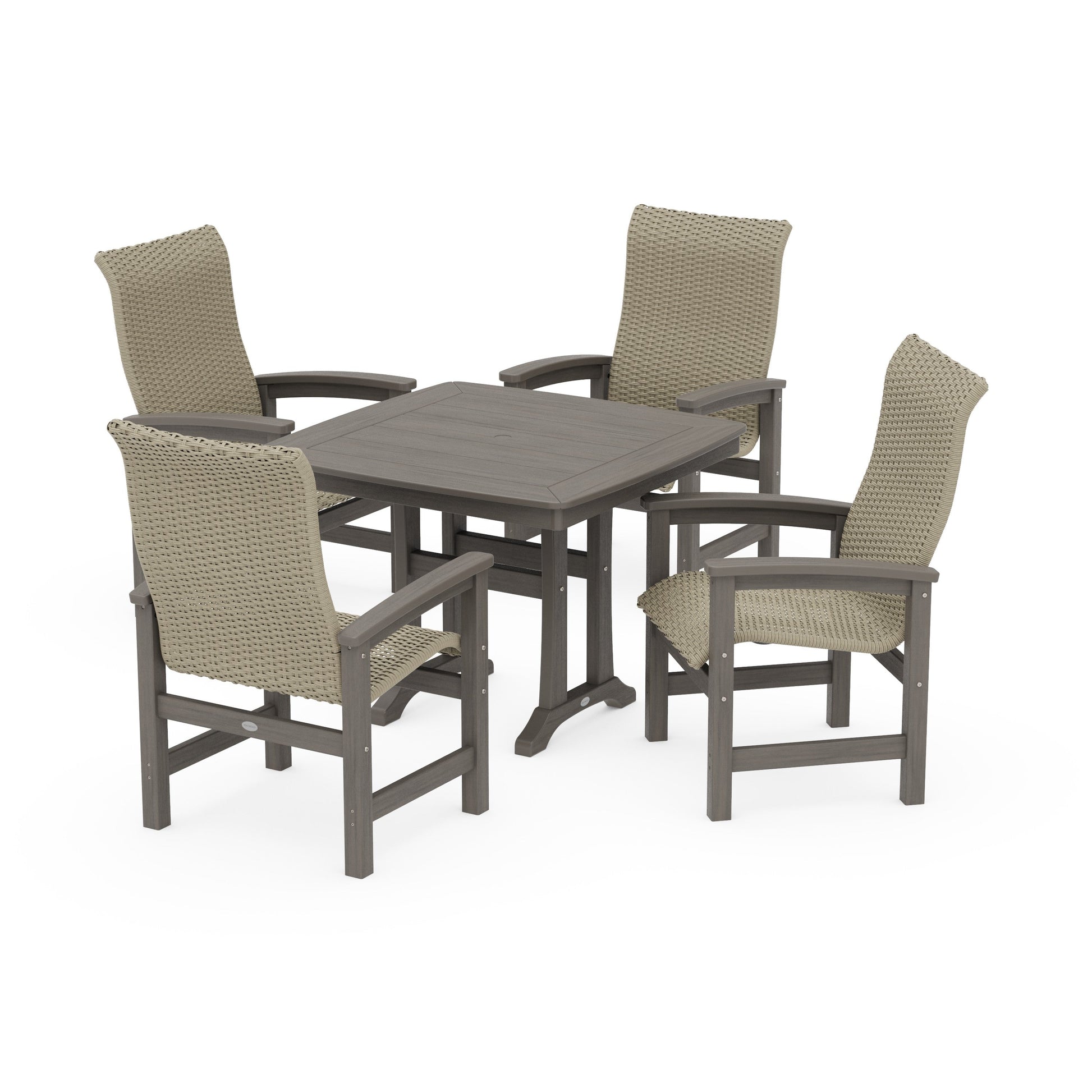 POLYWOOD Coastal Woven High-Back 5-Piece Dining Set with Trestle Legs — Driftwood / Dune Grass
