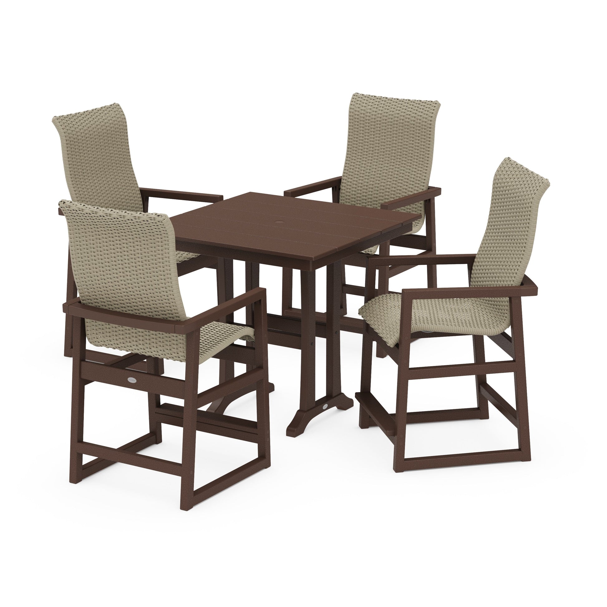 POLYWOOD EDGE Woven Highback 5-Piece Farmhouse Counter Set with Trestle Legs — Mahogany / Dune Grass