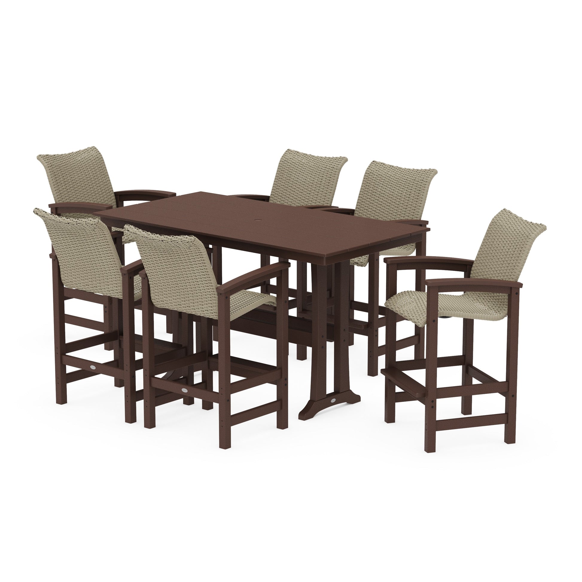 POLYWOOD Coastal Woven Arm Chair 7-Piece Farmhouse Bar Set with Trestle Legs — Mahogany / Dune Grass
