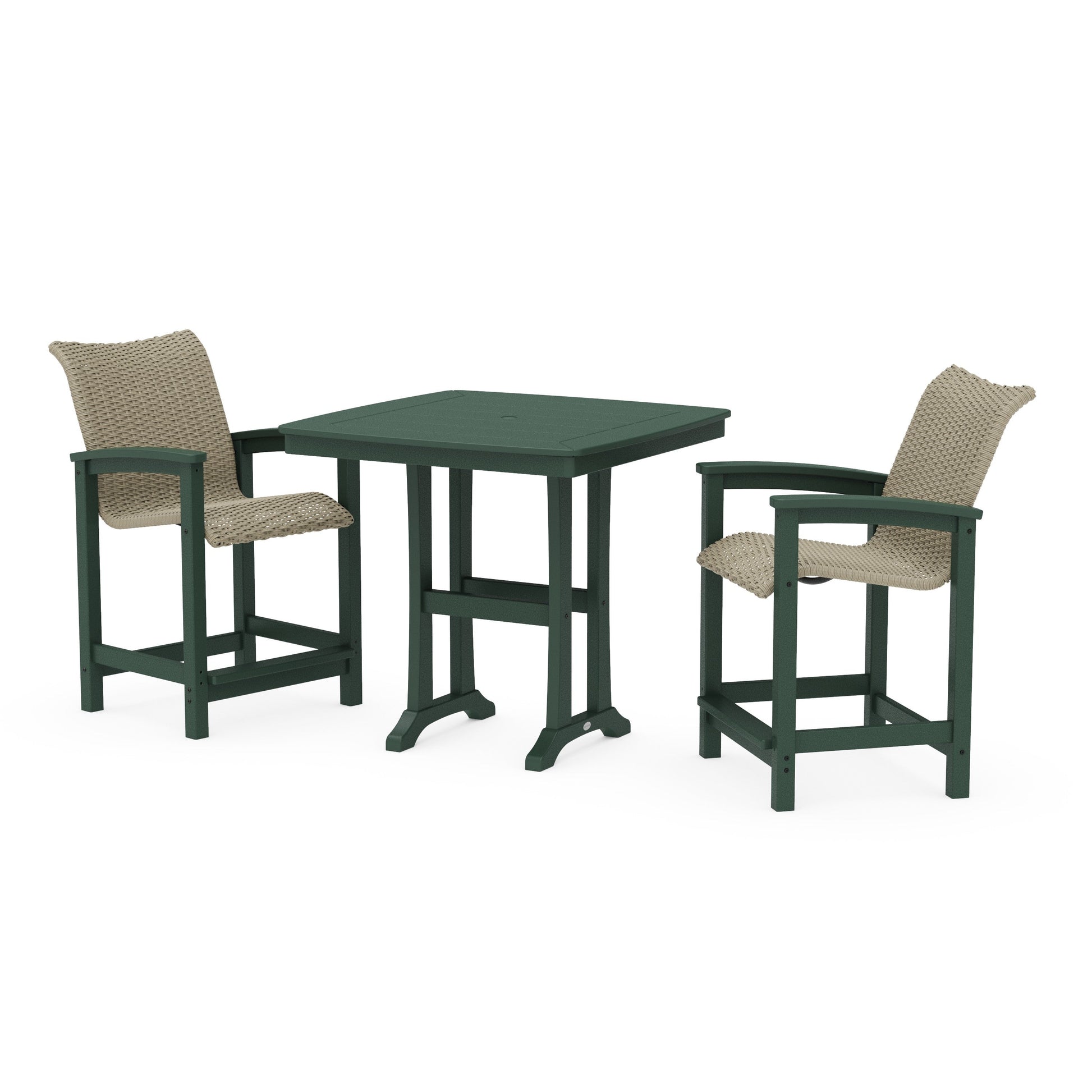 POLYWOOD Coastal Woven 3-Piece Counter Set with Trestle Legs — Green / Dune Grass