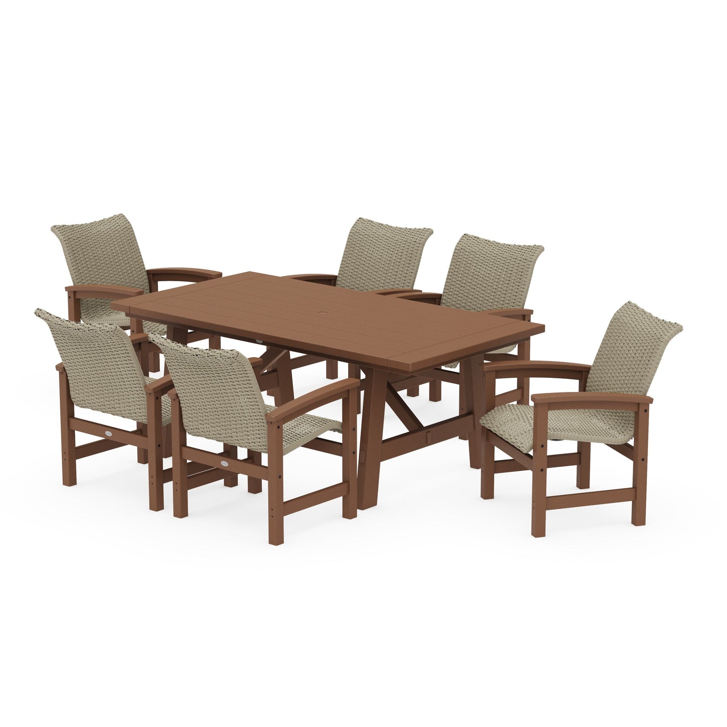 POLYWOOD Coastal Woven Arm Chair 7-Piece Rustic Farmhouse Dining Set — Teak / Dune Grass