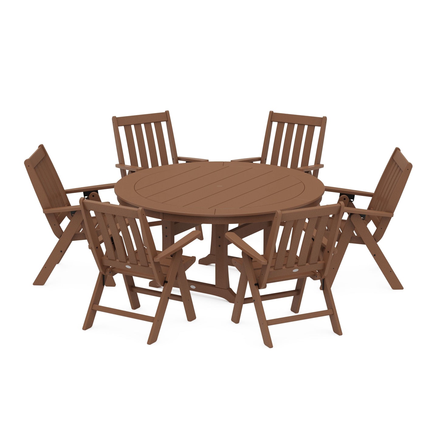 POLYWOOD Vineyard Folding 7-Piece Side Chair Round Dining Set — Teak