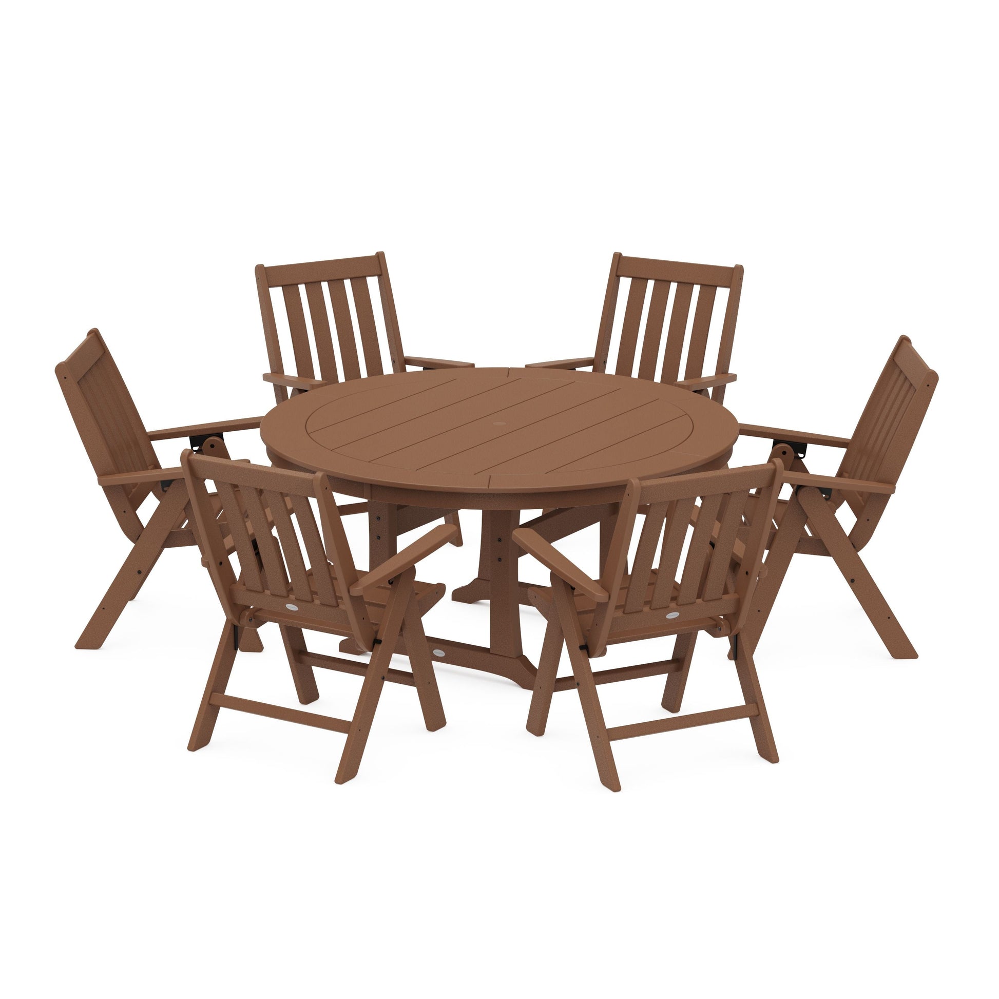 POLYWOOD Vineyard Folding 7-Piece Side Chair Round Dining Set — Teak
