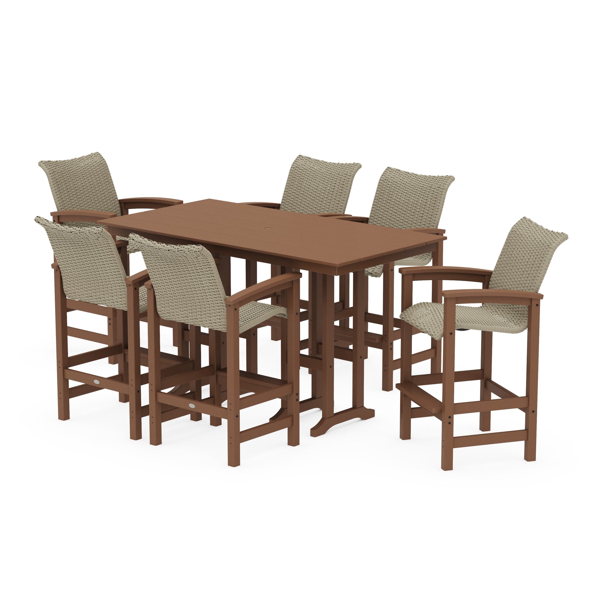 POLYWOOD Coastal Woven Arm Chair 7-Piece Farmhouse Bar Set — Teak / Dune Grass