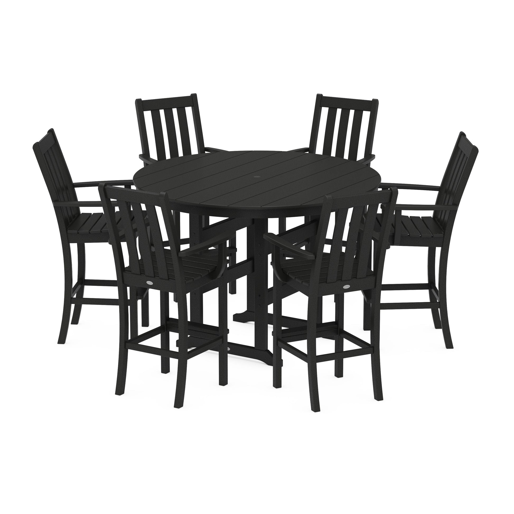 POLYWOOD Vineyard 7-Piece Arm Chair Round Farmhouse Bar Set — Black