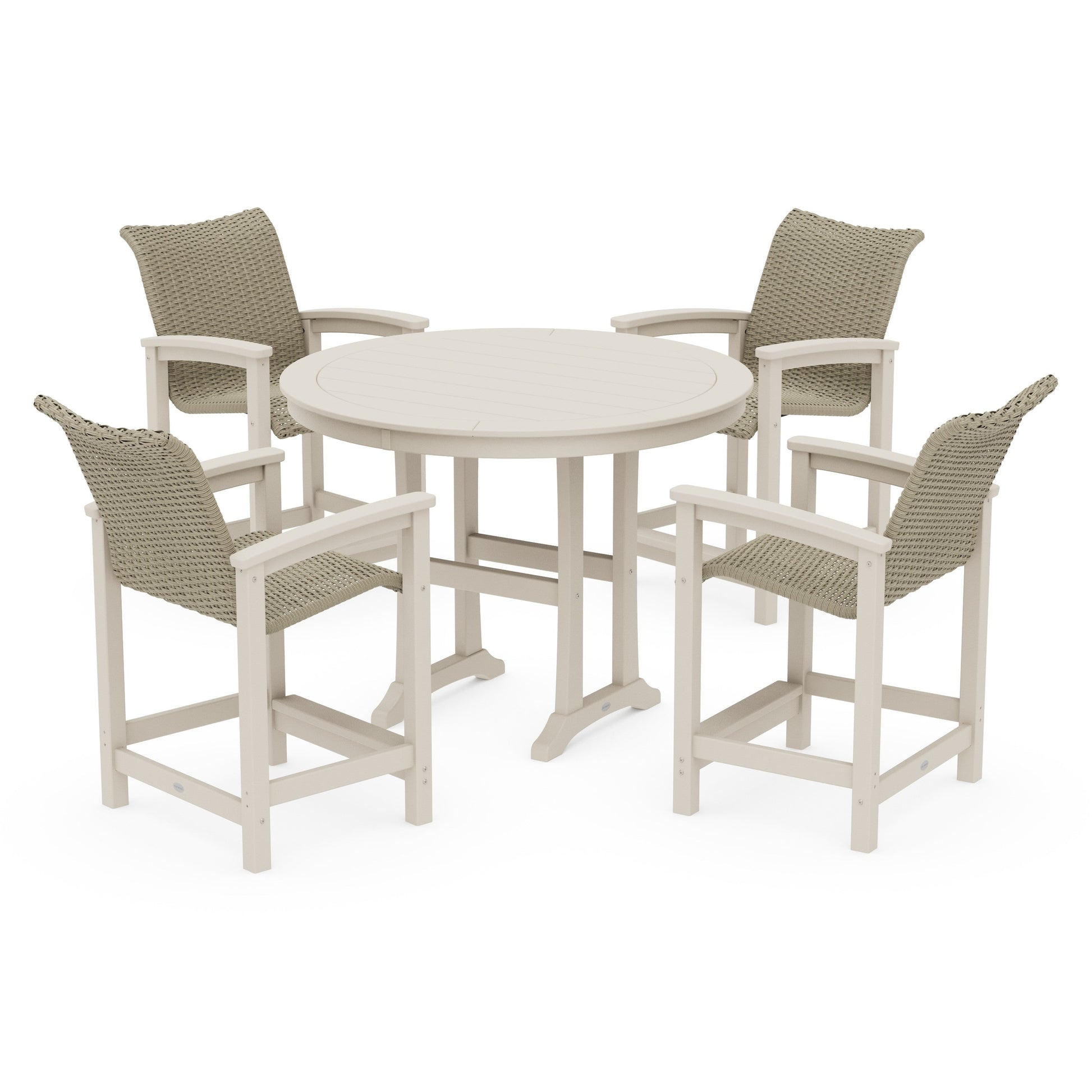 POLYWOOD Coastal Woven 5-Piece Round Counter Set — Sand / Dune Grass