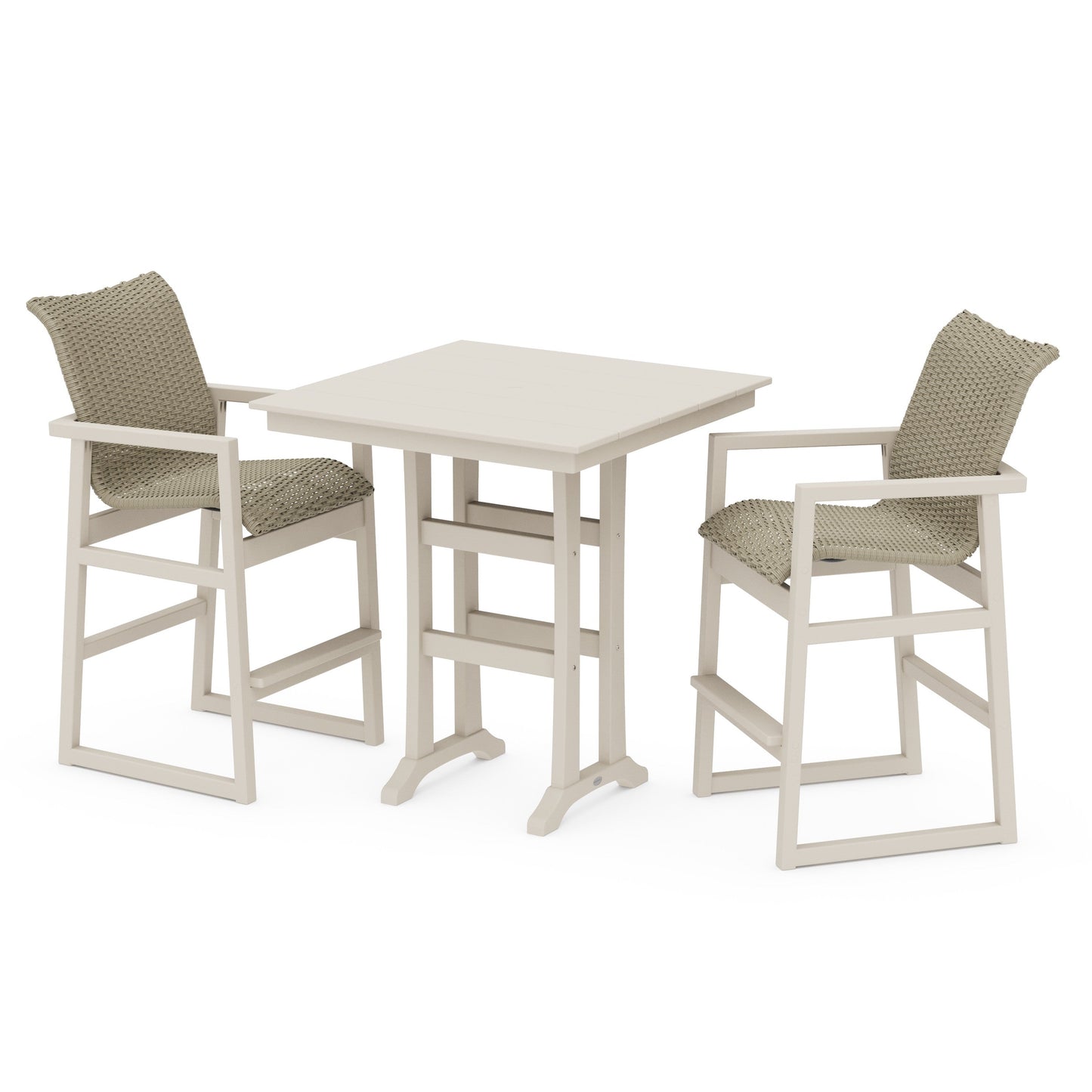 POLYWOOD EDGE Woven 3-Piece Farmhouse Bar Set with Trestle Legs — Sand / Dune Grass