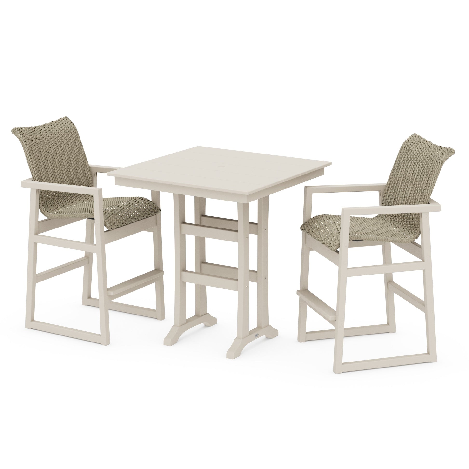 POLYWOOD EDGE Woven 3-Piece Farmhouse Bar Set with Trestle Legs — Sand / Dune Grass