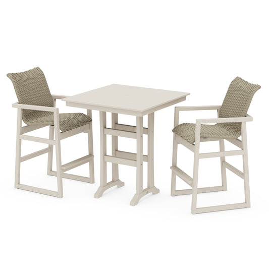 POLYWOOD EDGE Woven 3-Piece Farmhouse Bar Set with Trestle Legs — Sand / Dune Grass