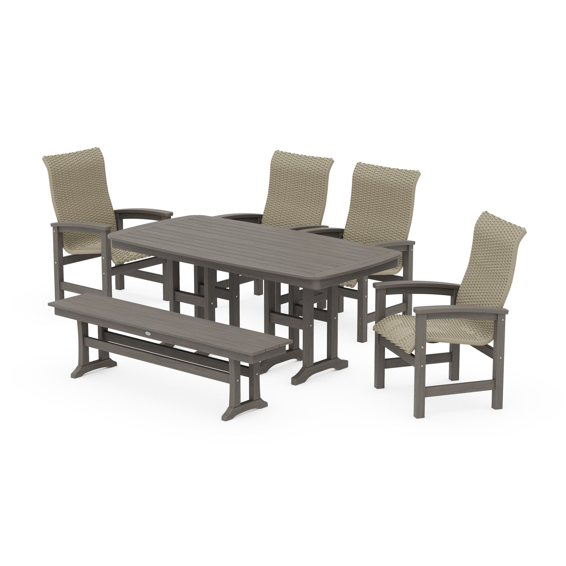 POLYWOOD Coastal Woven High-Back 6-Piece Farmhouse Dining Set with Bench — Driftwood / Dune Grass